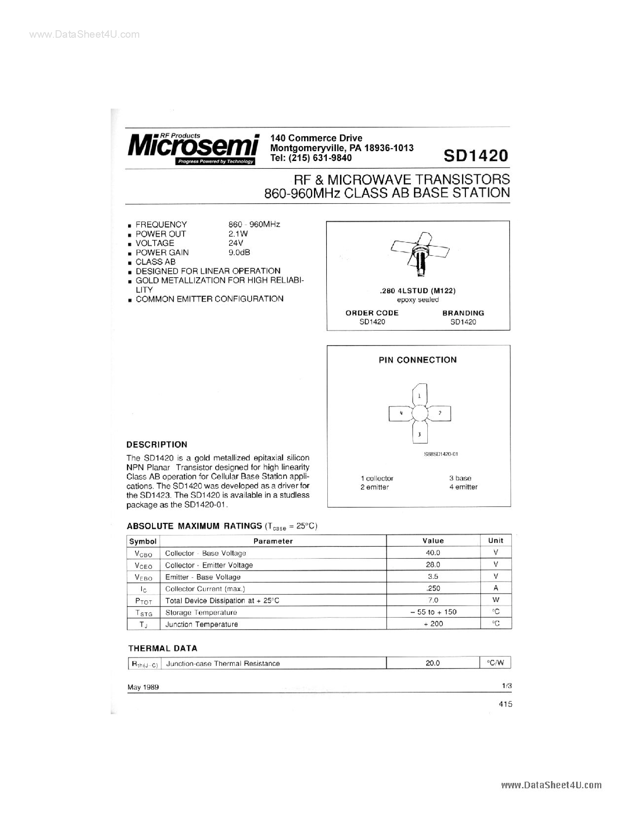 Datasheet SD1420 - RF & MICROWAVE TRANSISTORS page 1