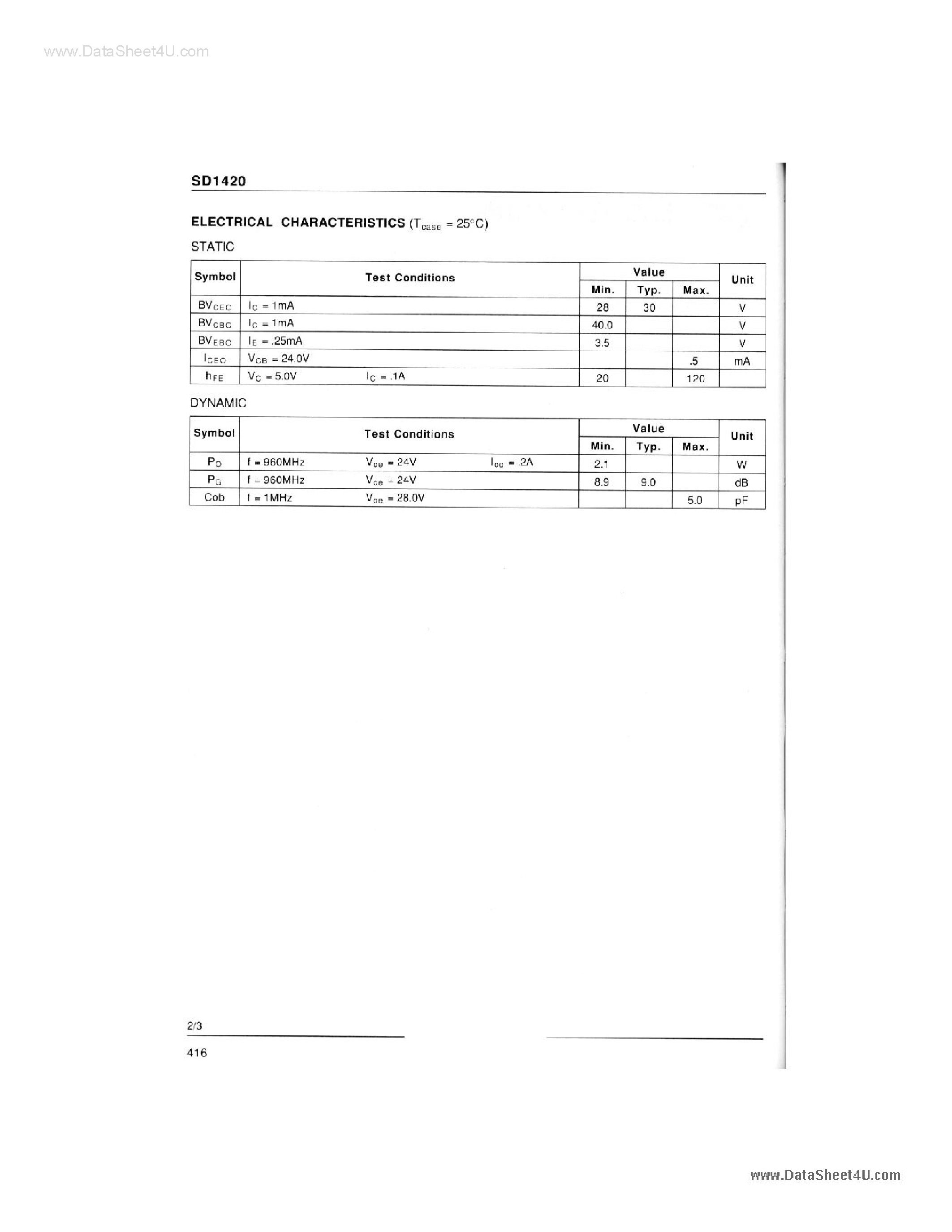 Datasheet SD1420 - RF & MICROWAVE TRANSISTORS page 2