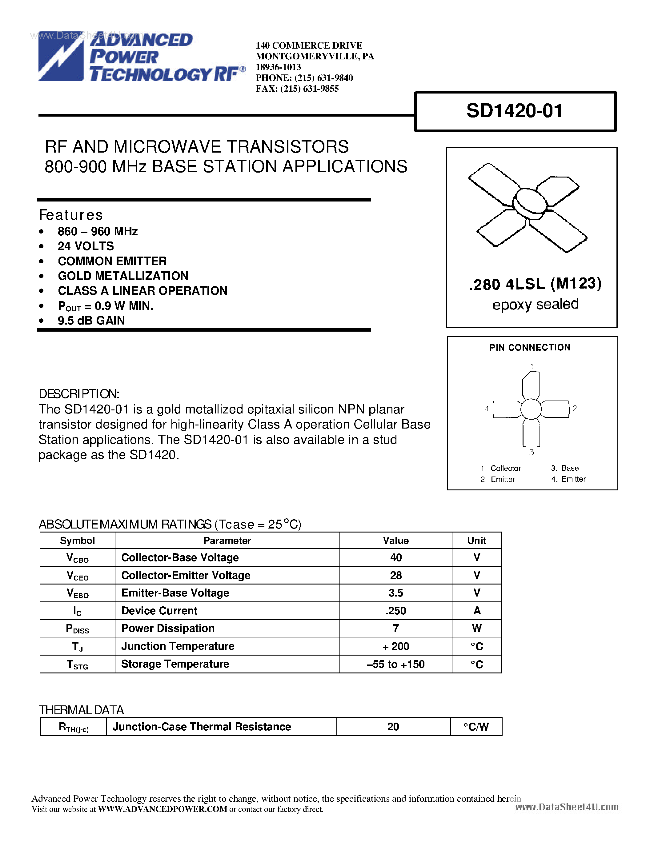 Datasheet SD1420-01 - RF AND MICROWAVE TRANSISTORS page 1