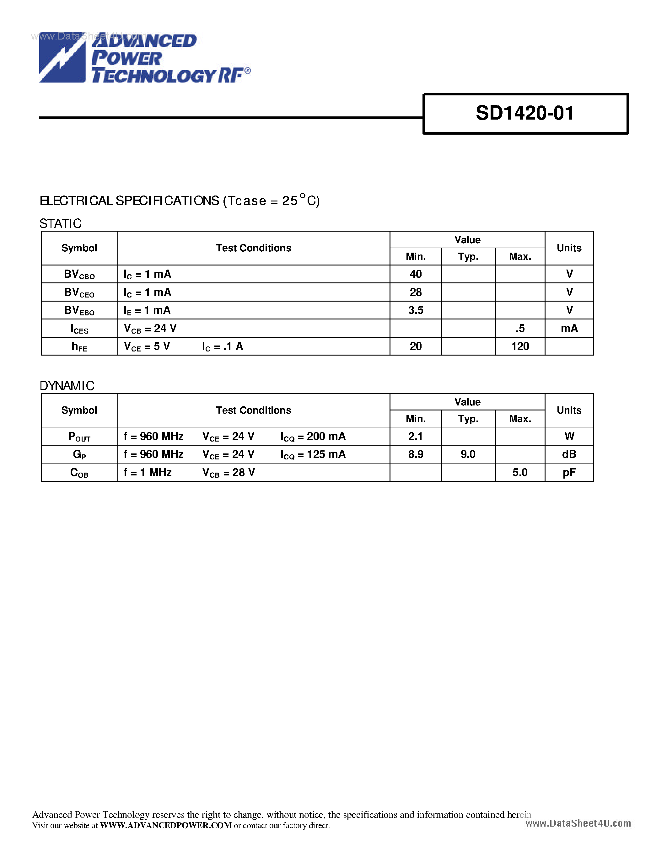 Datasheet SD1420-01 - RF AND MICROWAVE TRANSISTORS page 2