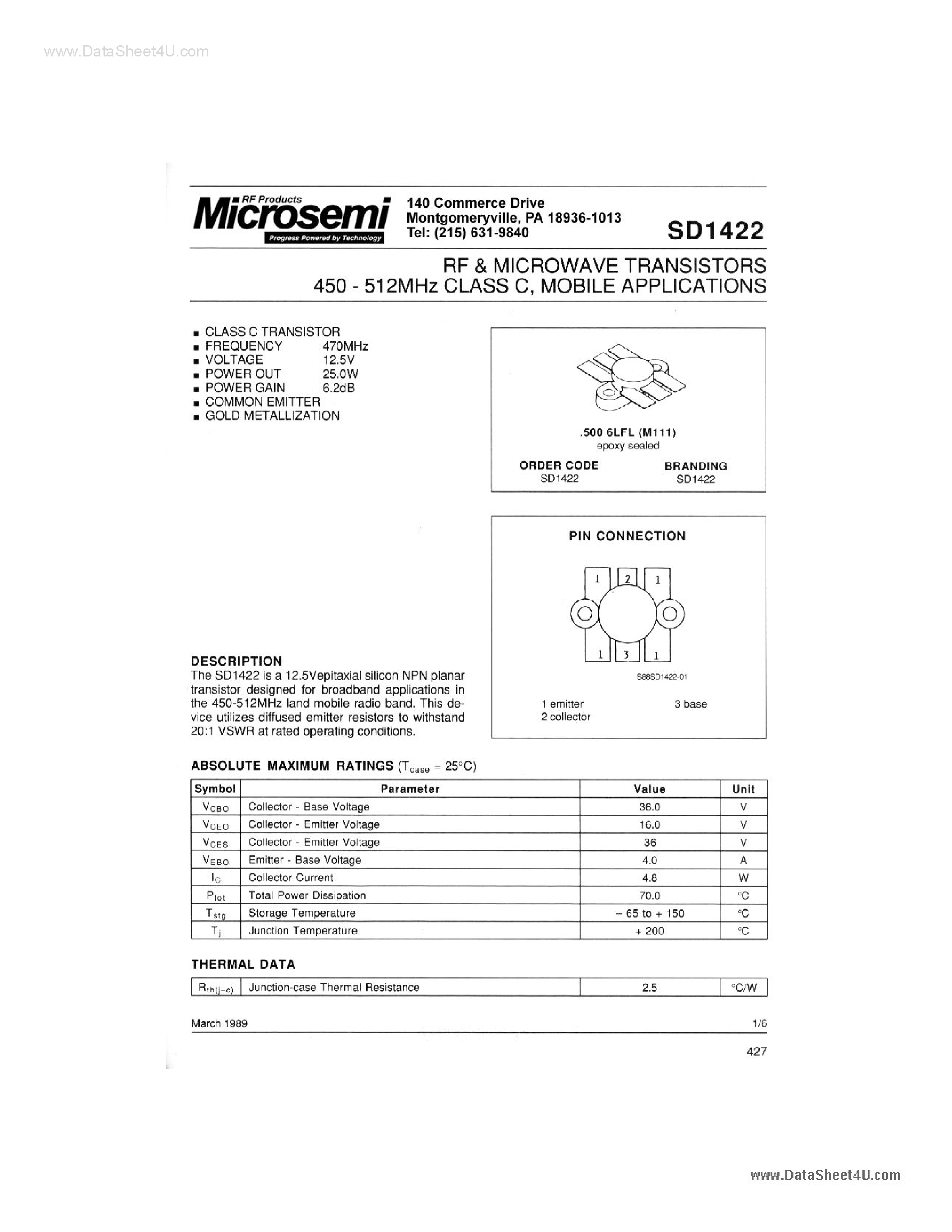 Datasheet SD1422 - RF AND MICROWAVE TRANSISTORS page 1