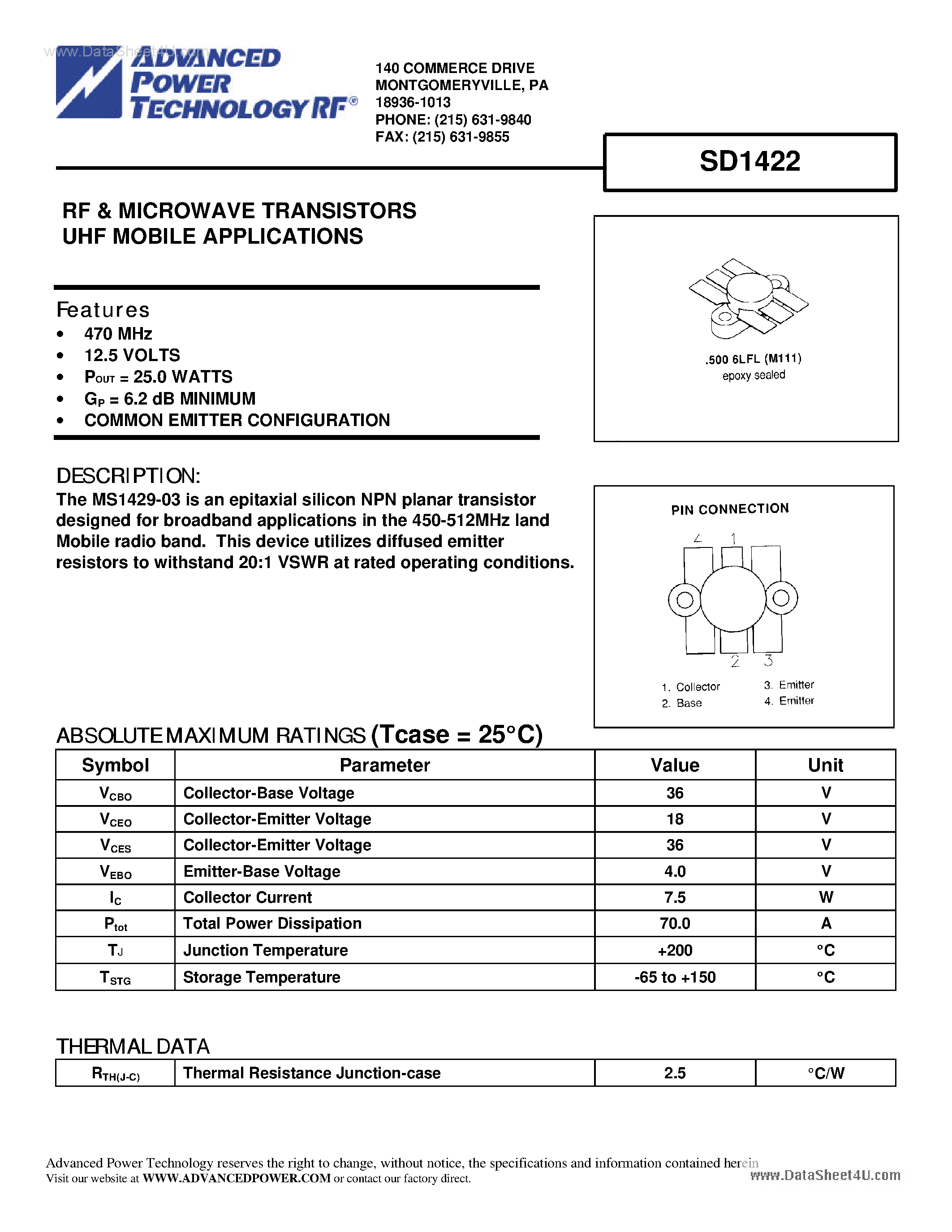 Datasheet SD1422 - RF AND MICROWAVE TRANSISTORS page 1