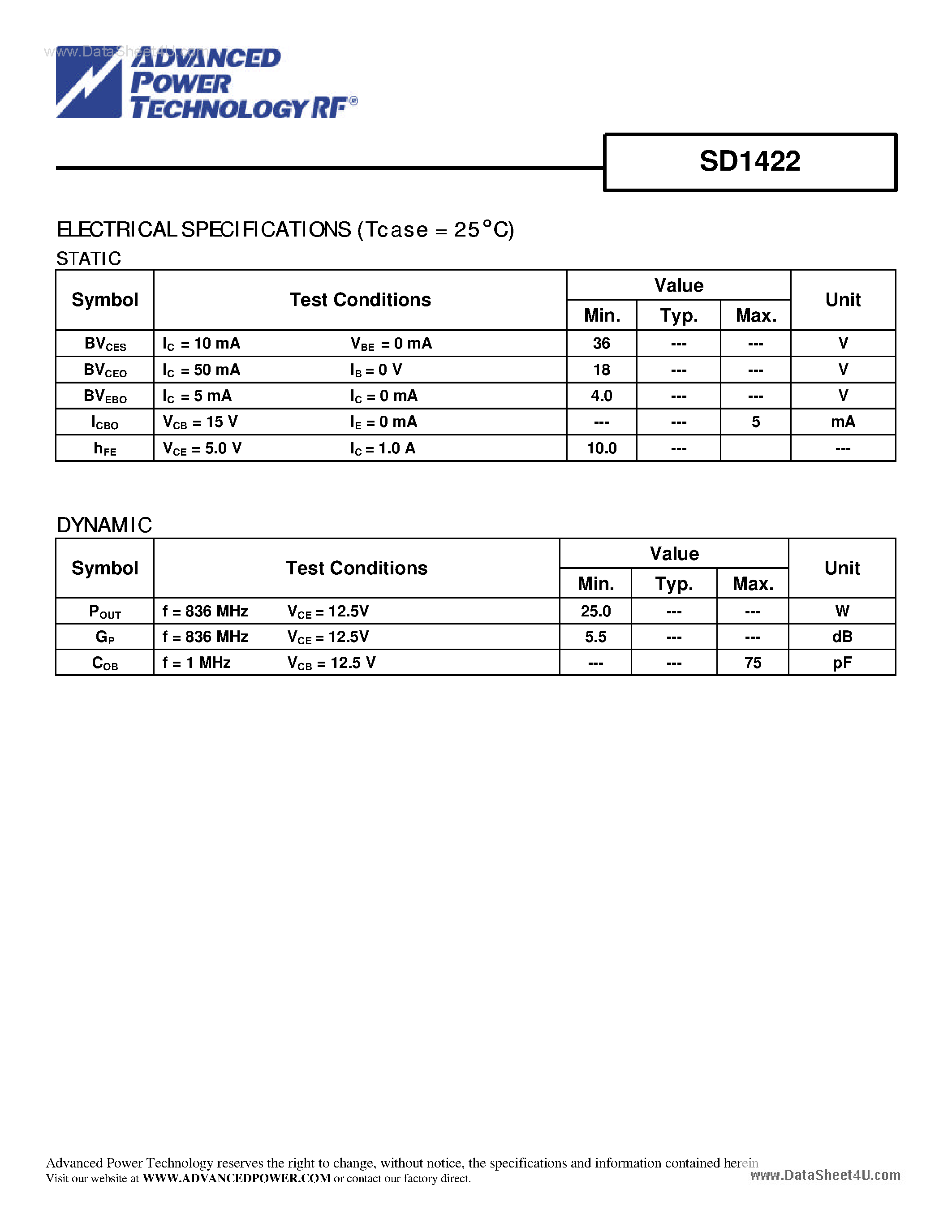 Datasheet SD1422 - RF AND MICROWAVE TRANSISTORS page 2