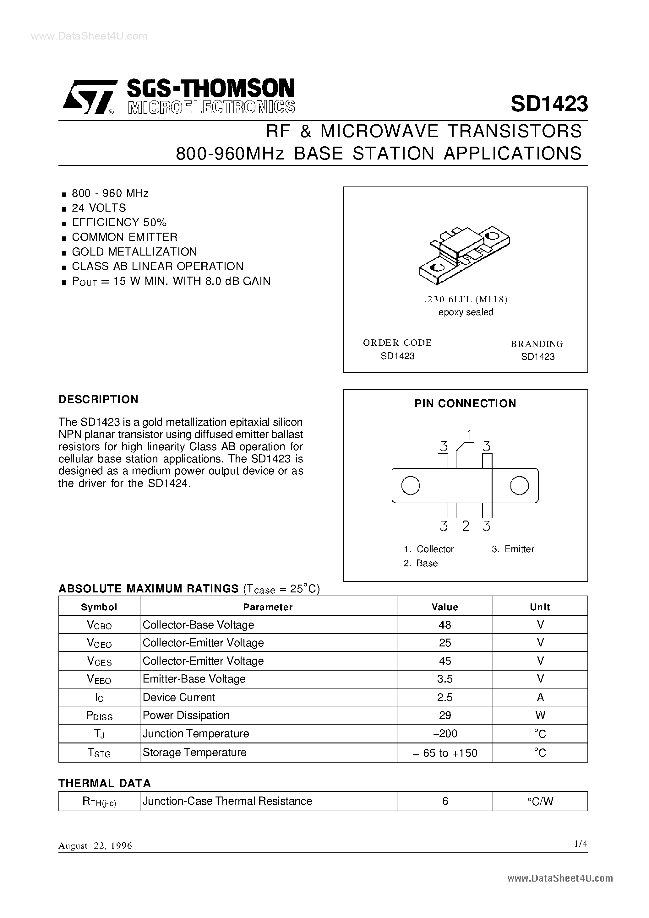 Даташит SD1423 - RF AND MICROWAVE TRANSISTORS страница 1