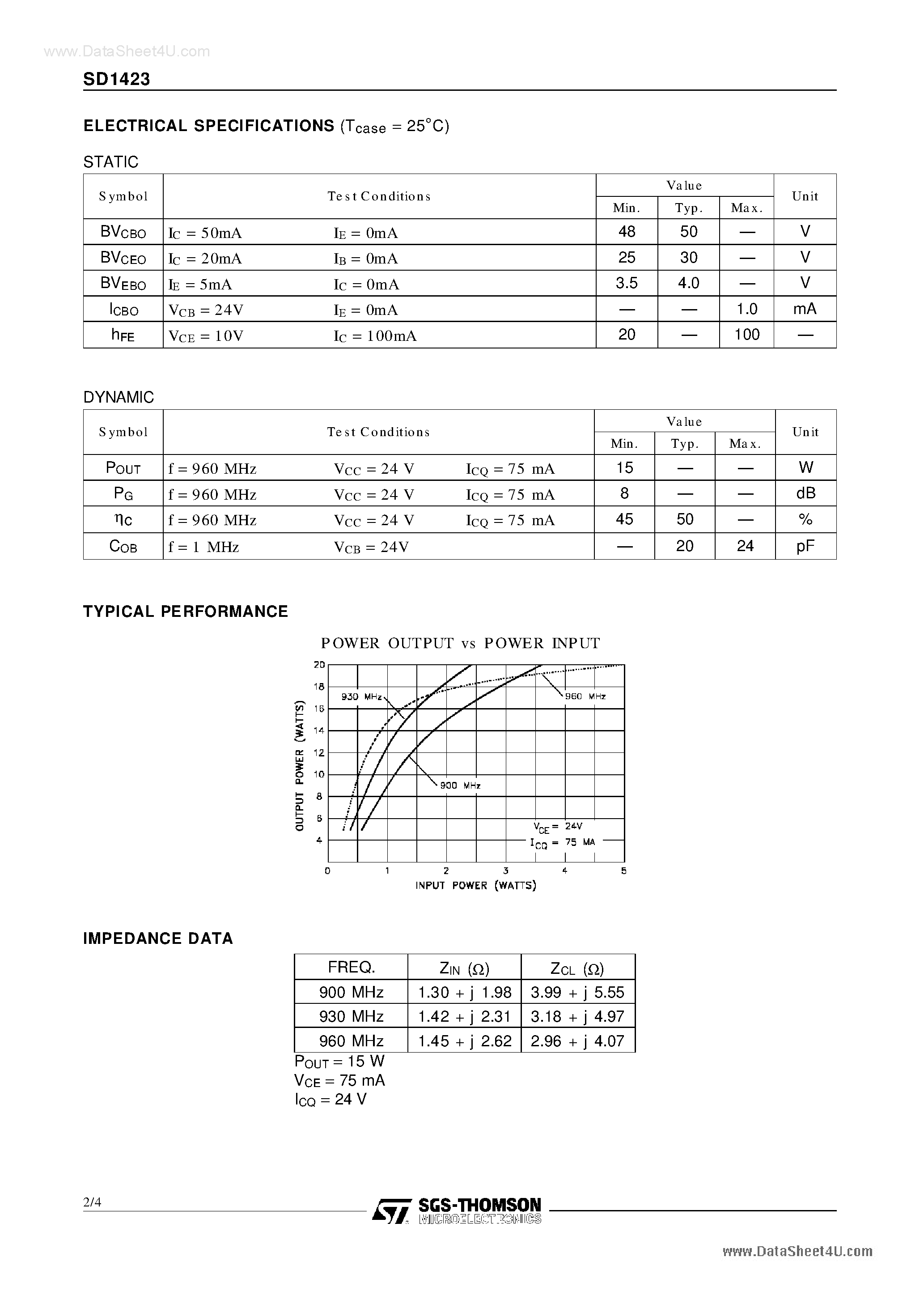 Даташит SD1423 - RF AND MICROWAVE TRANSISTORS страница 2