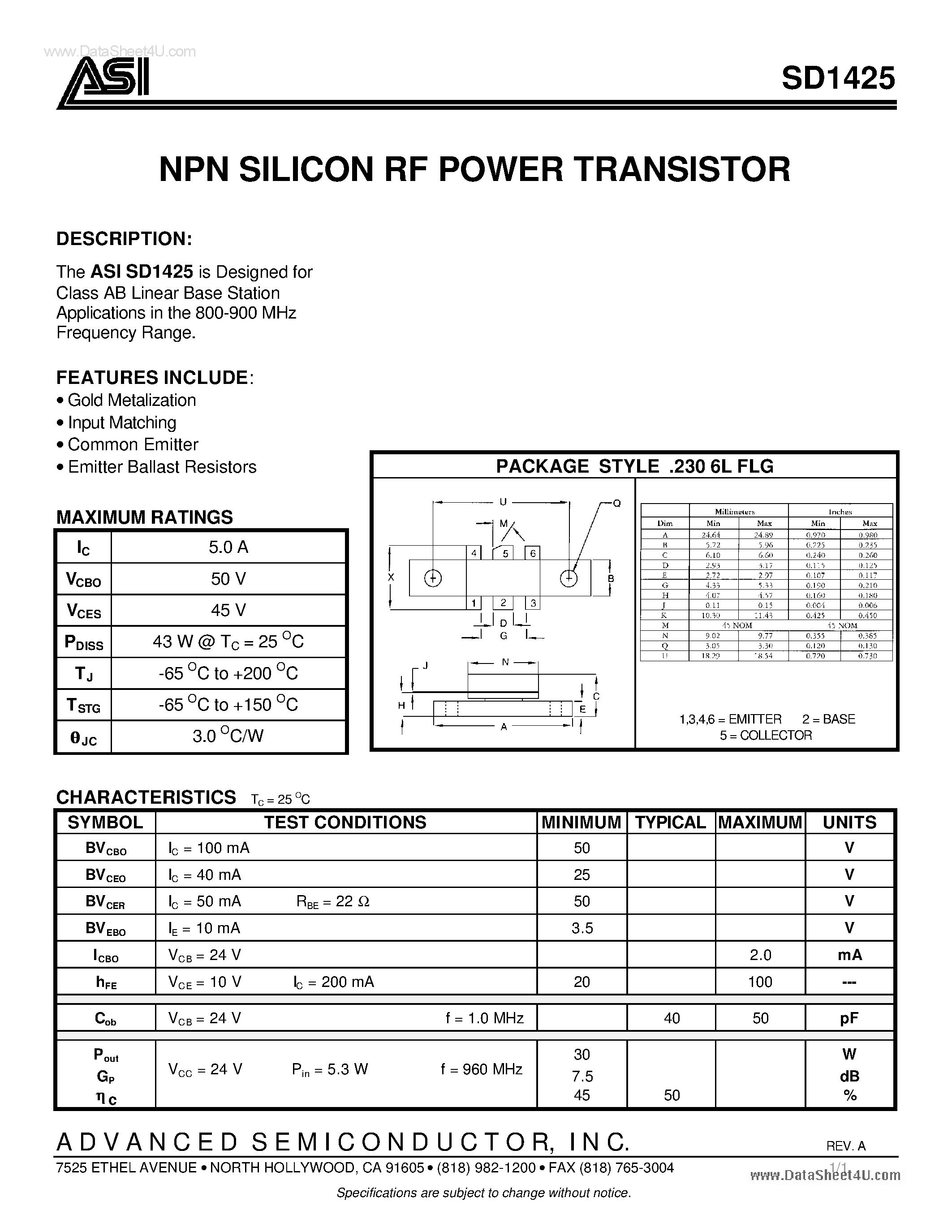 Datasheet SD1425 - RF AND MICROWAVE TRANSISTORS page 1