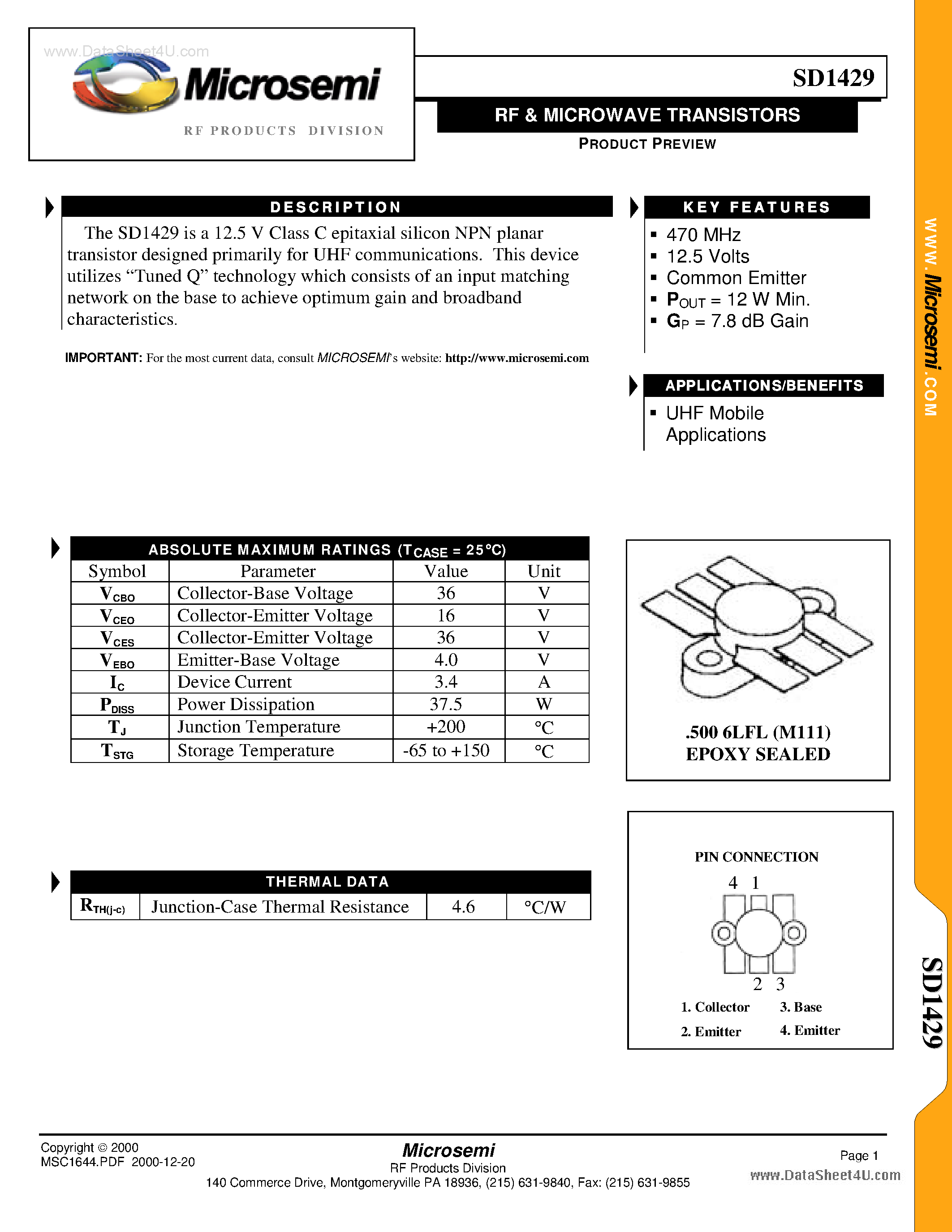 Datasheet SD1429 - RF AND MICROWAVE TRANSISTORS page 1