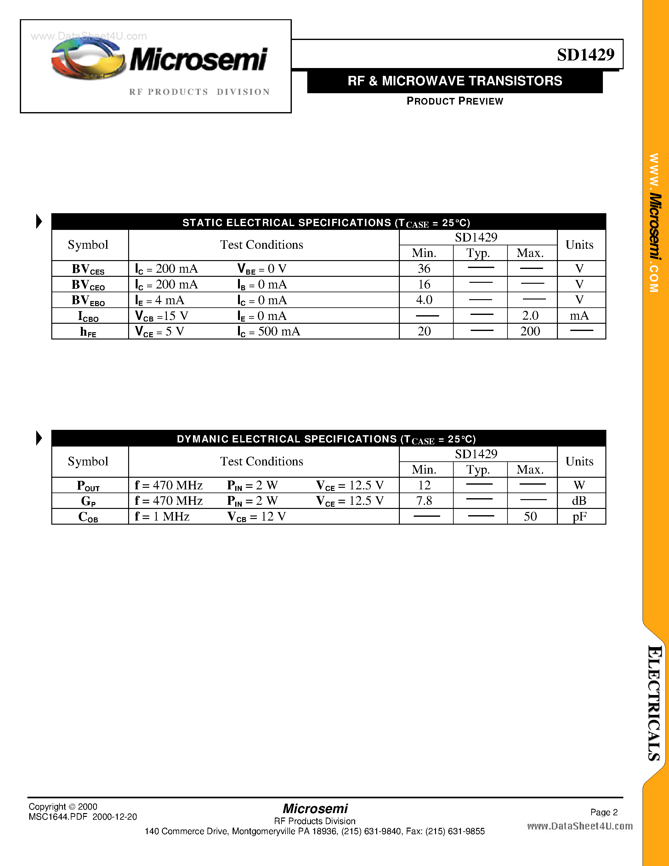 Datasheet SD1429 - RF AND MICROWAVE TRANSISTORS page 2