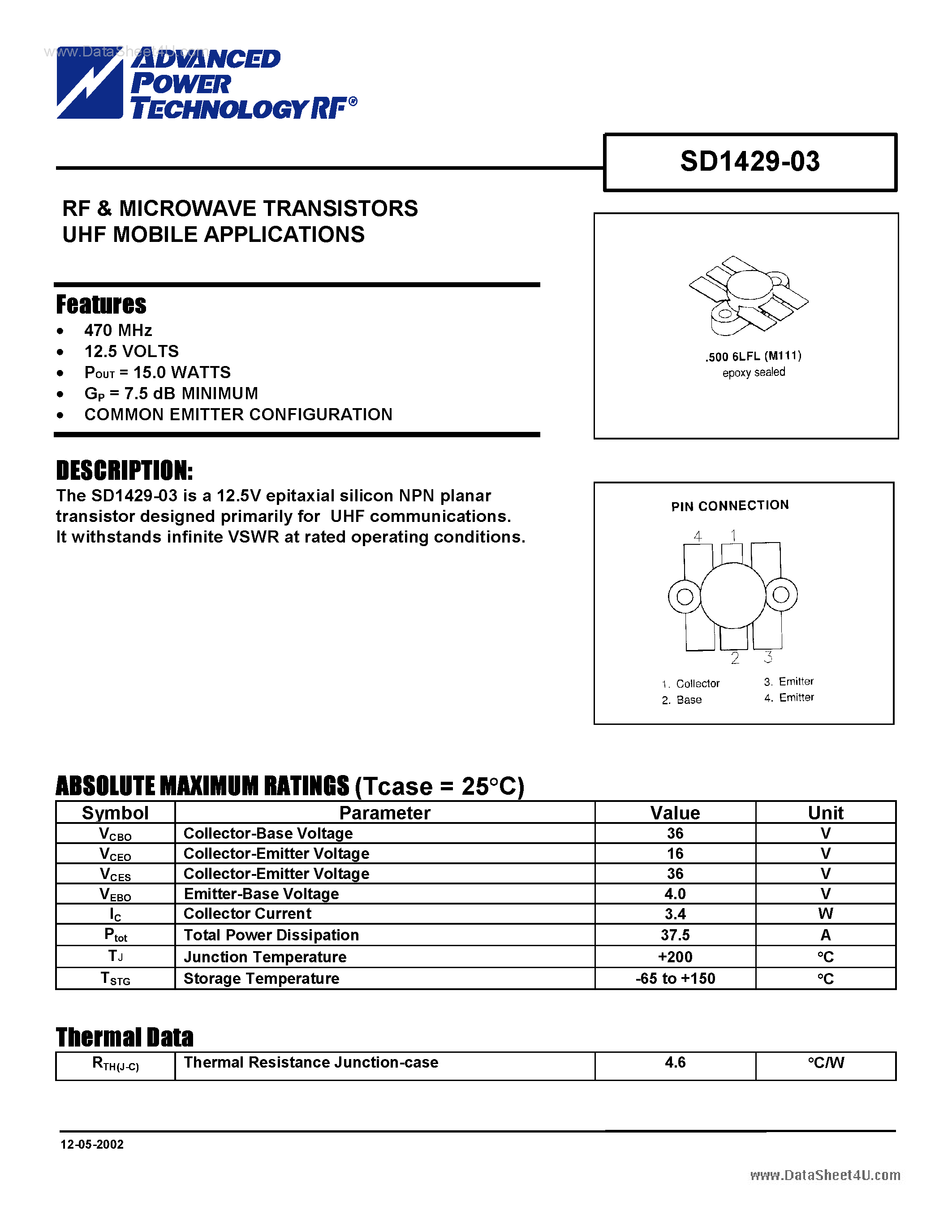 Datasheet SD1429-03 - RF AND MICROWAVE TRANSISTORS page 1