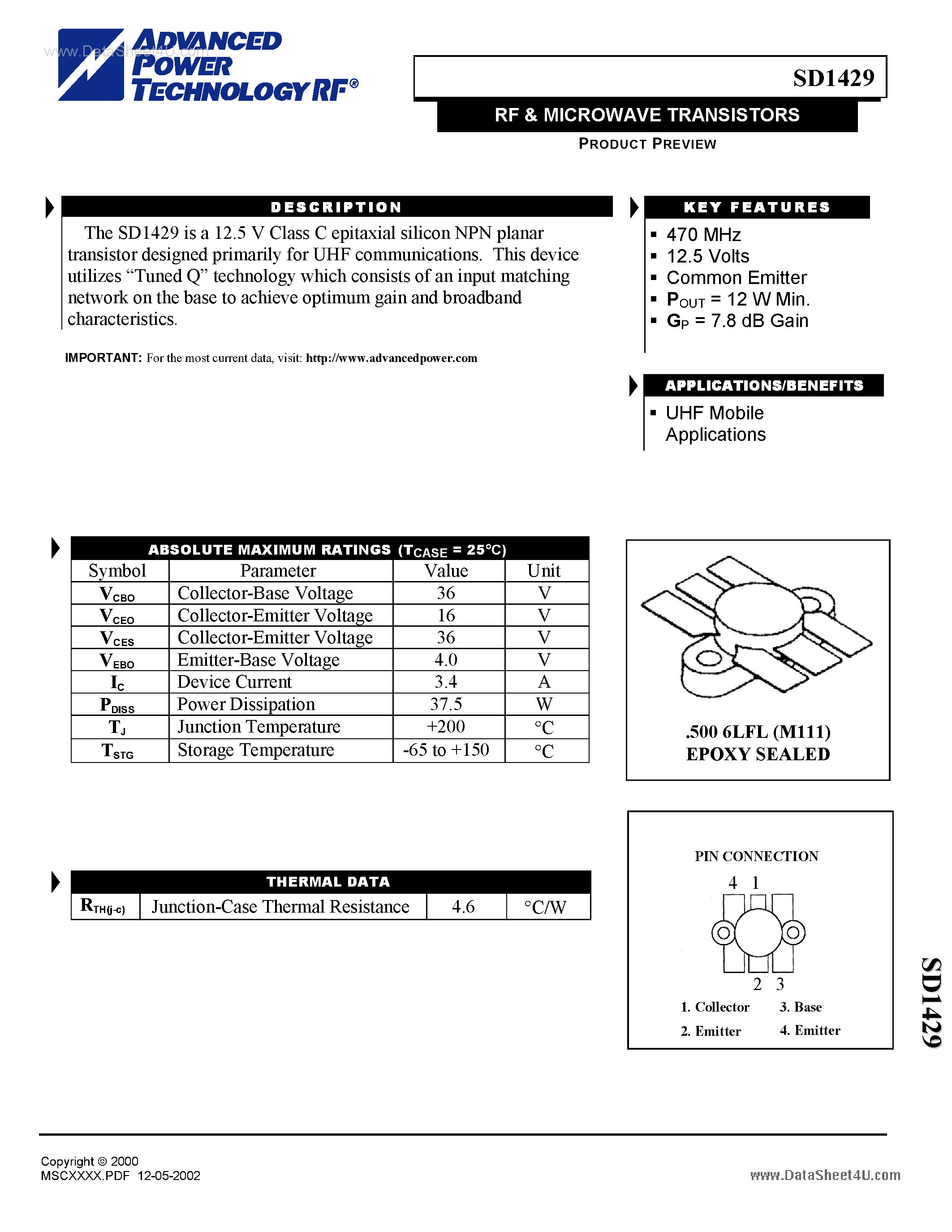 Datasheet SD1429 - RF & MICROWAVE TRANSISTORS page 1