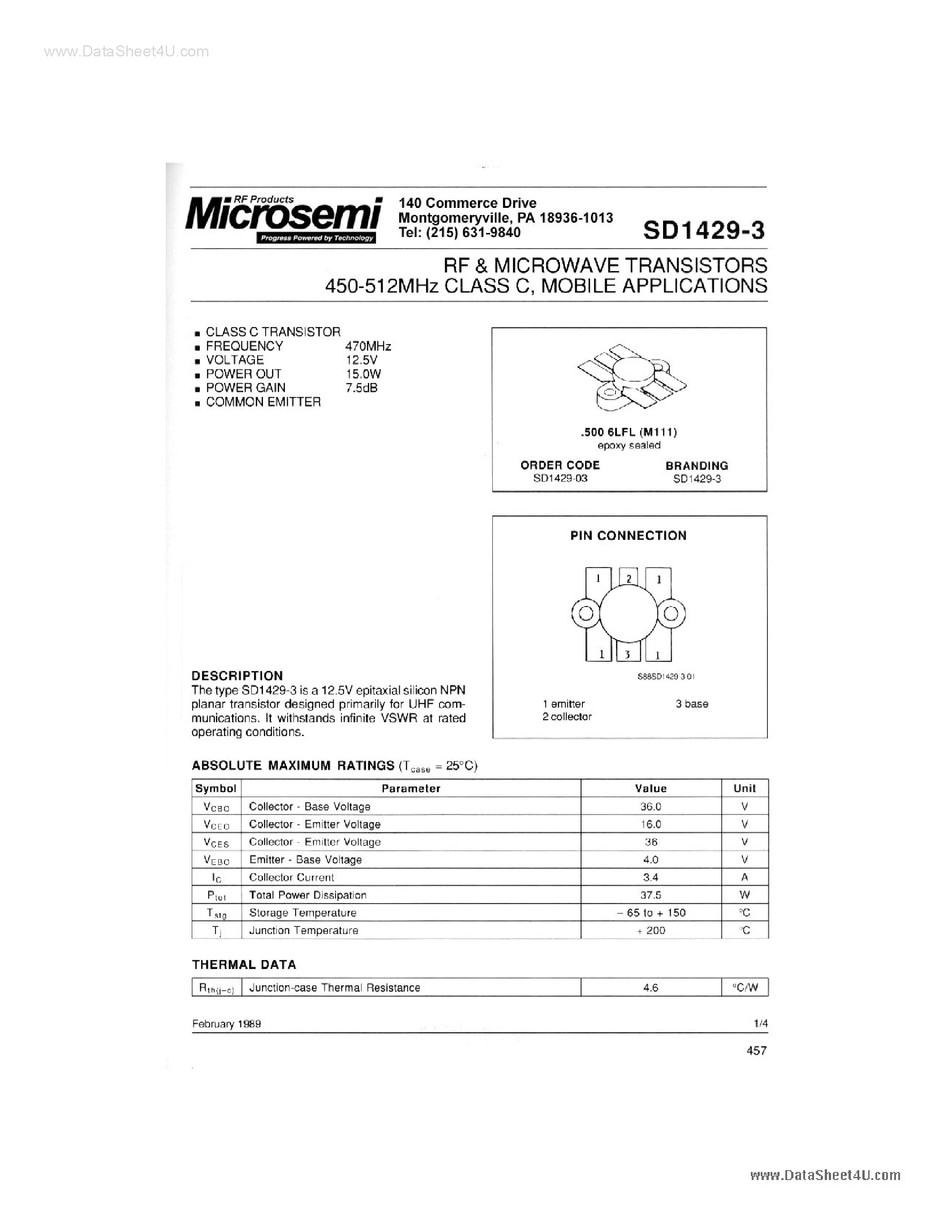 Даташит SD1429-3 - RF AND MICROWAVE TRANSISTORS страница 1