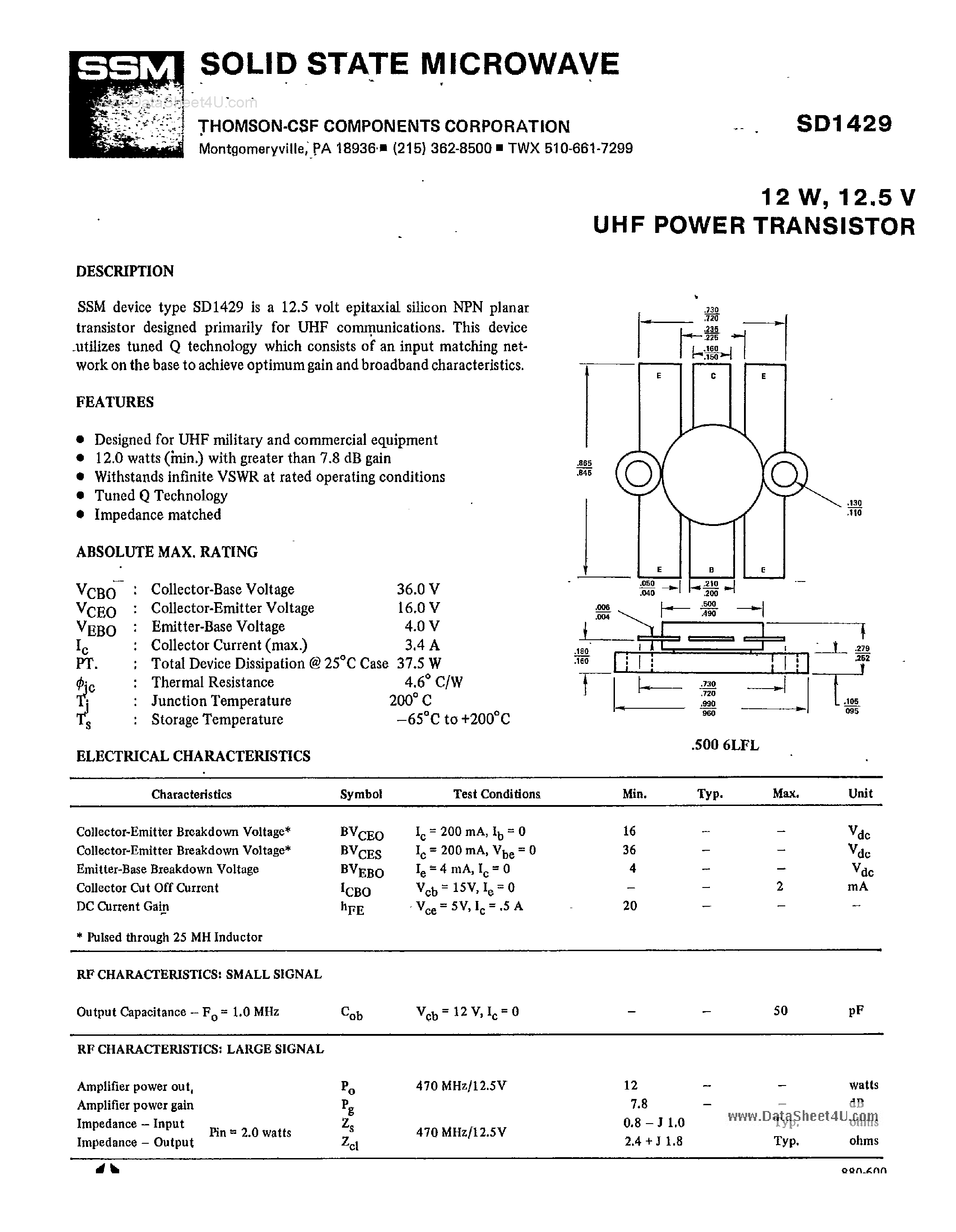 Datasheet SD1429 - RF AND MICROWAVE TRANSISTORS page 1