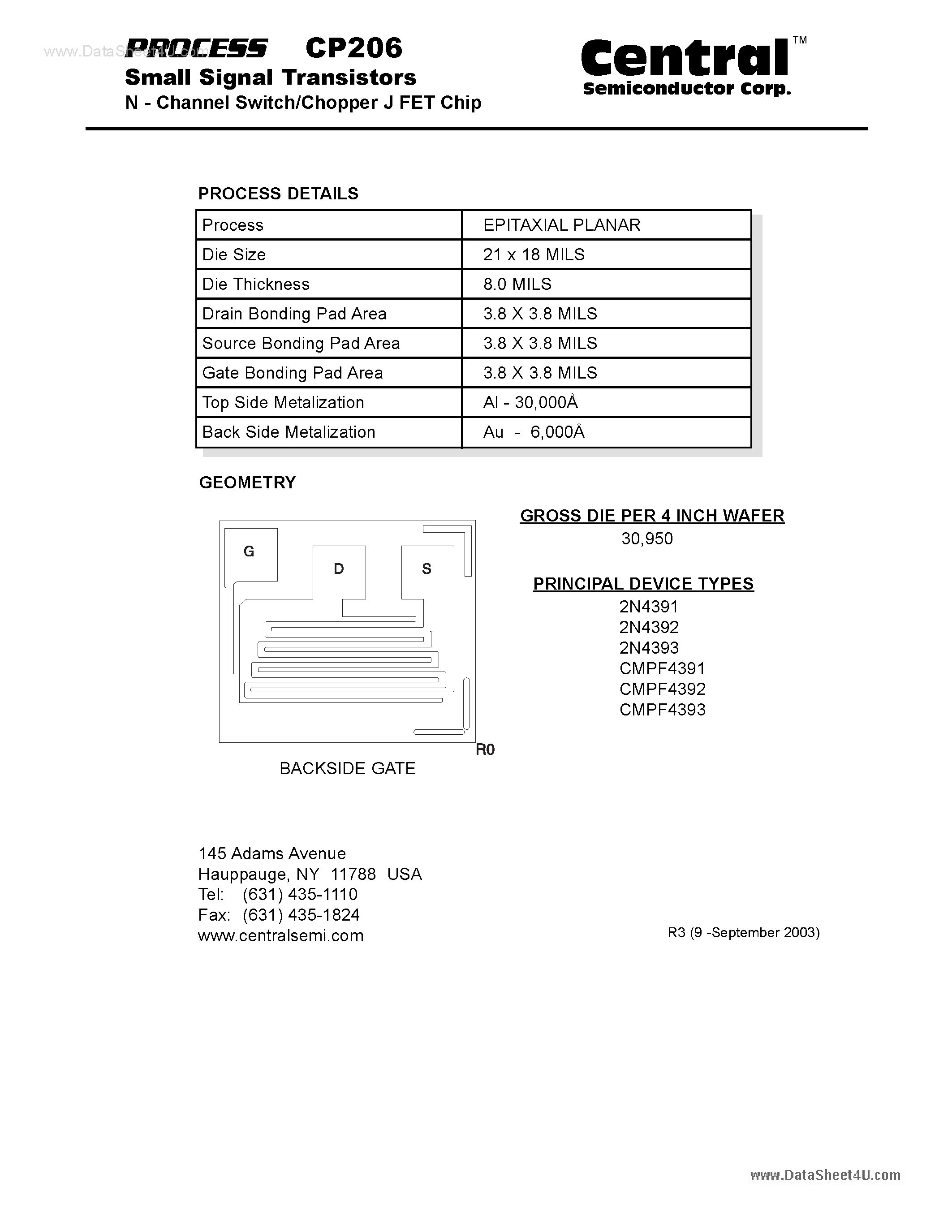 Даташит CP206 - Small Signal Transistors N - Channel Switch/Chopper J FET Chip страница 1