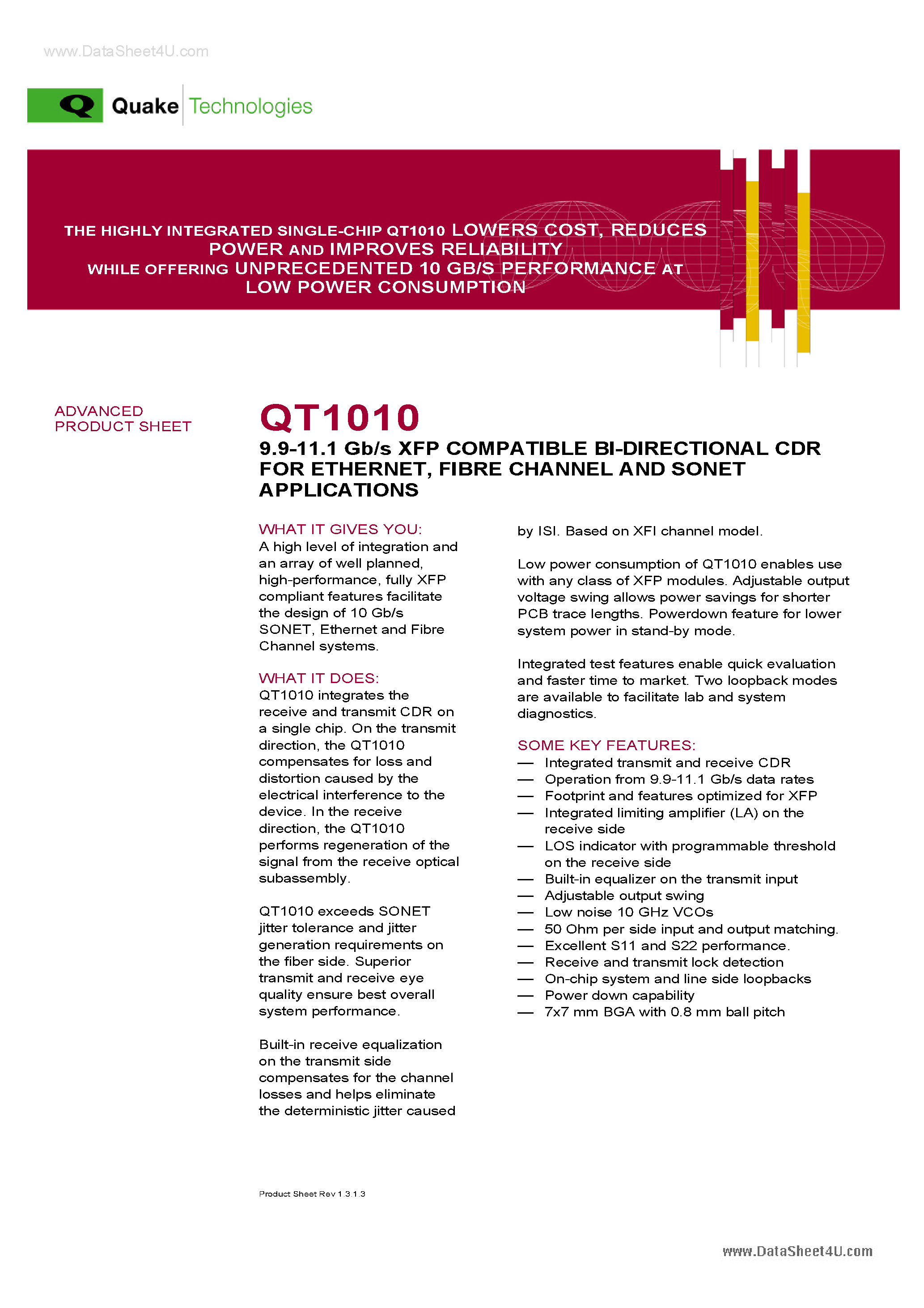 Datasheet QT1010 - 9.95 11.1 Gb/s XFP Compatible Bidirectional CDR page 1