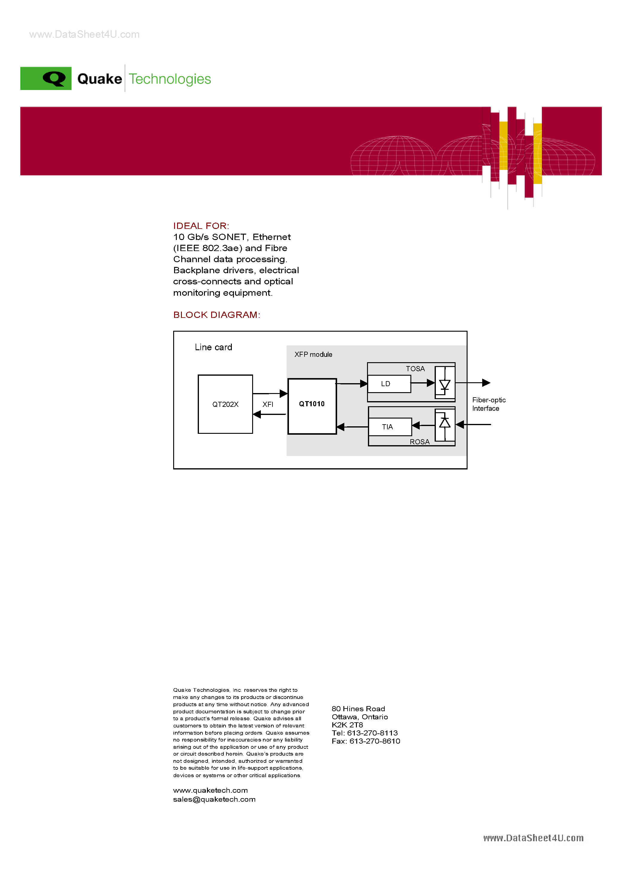 Datasheet QT1010 - 9.95 11.1 Gb/s XFP Compatible Bidirectional CDR page 2