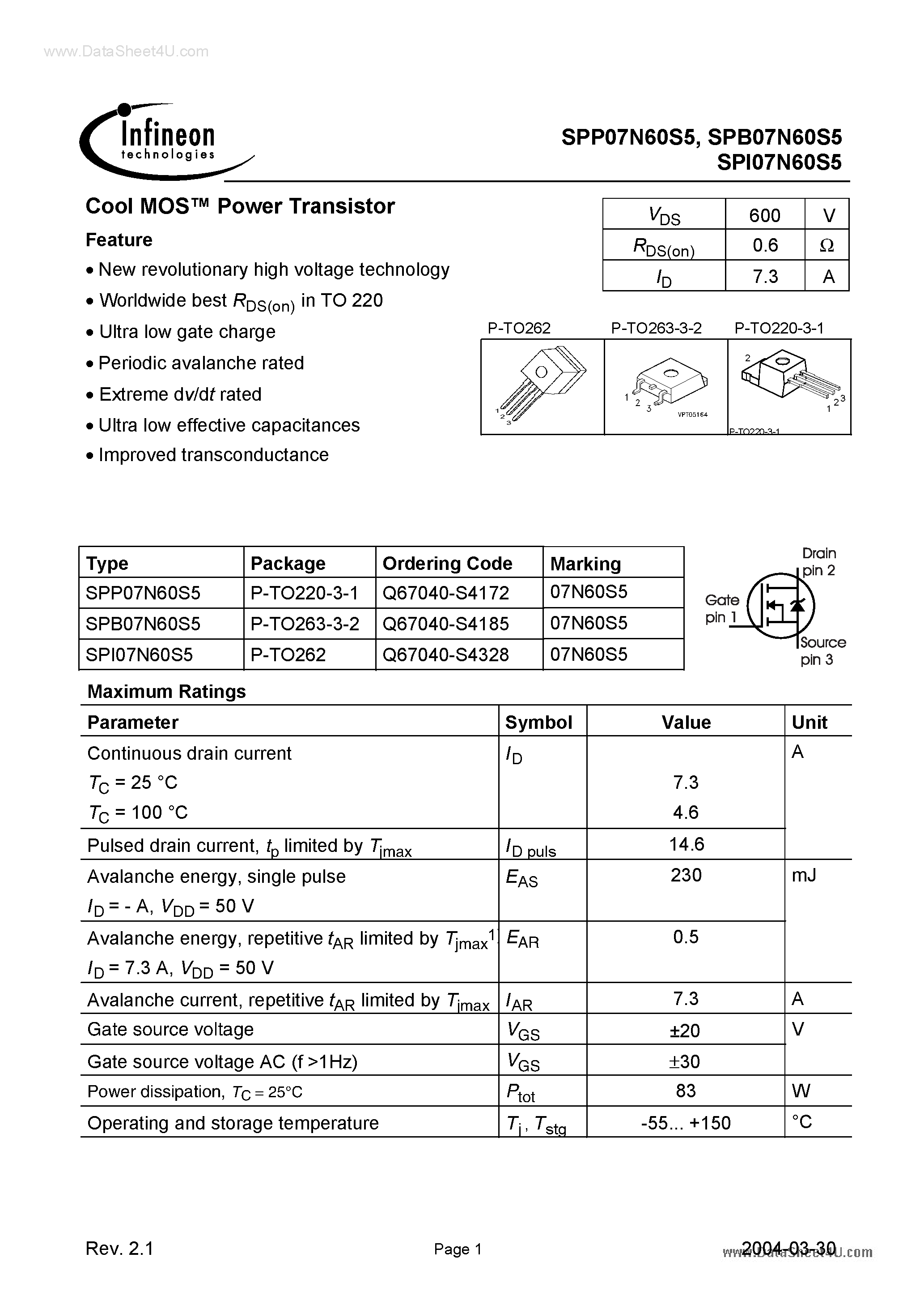 Даташит SPI07N60S5 - страница 1