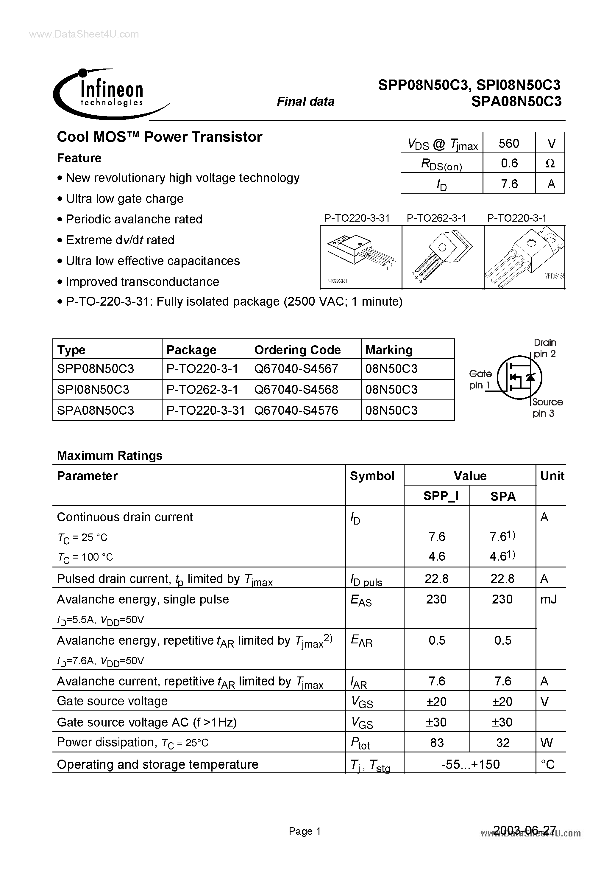 Даташит SPI08N50C3 - страница 1