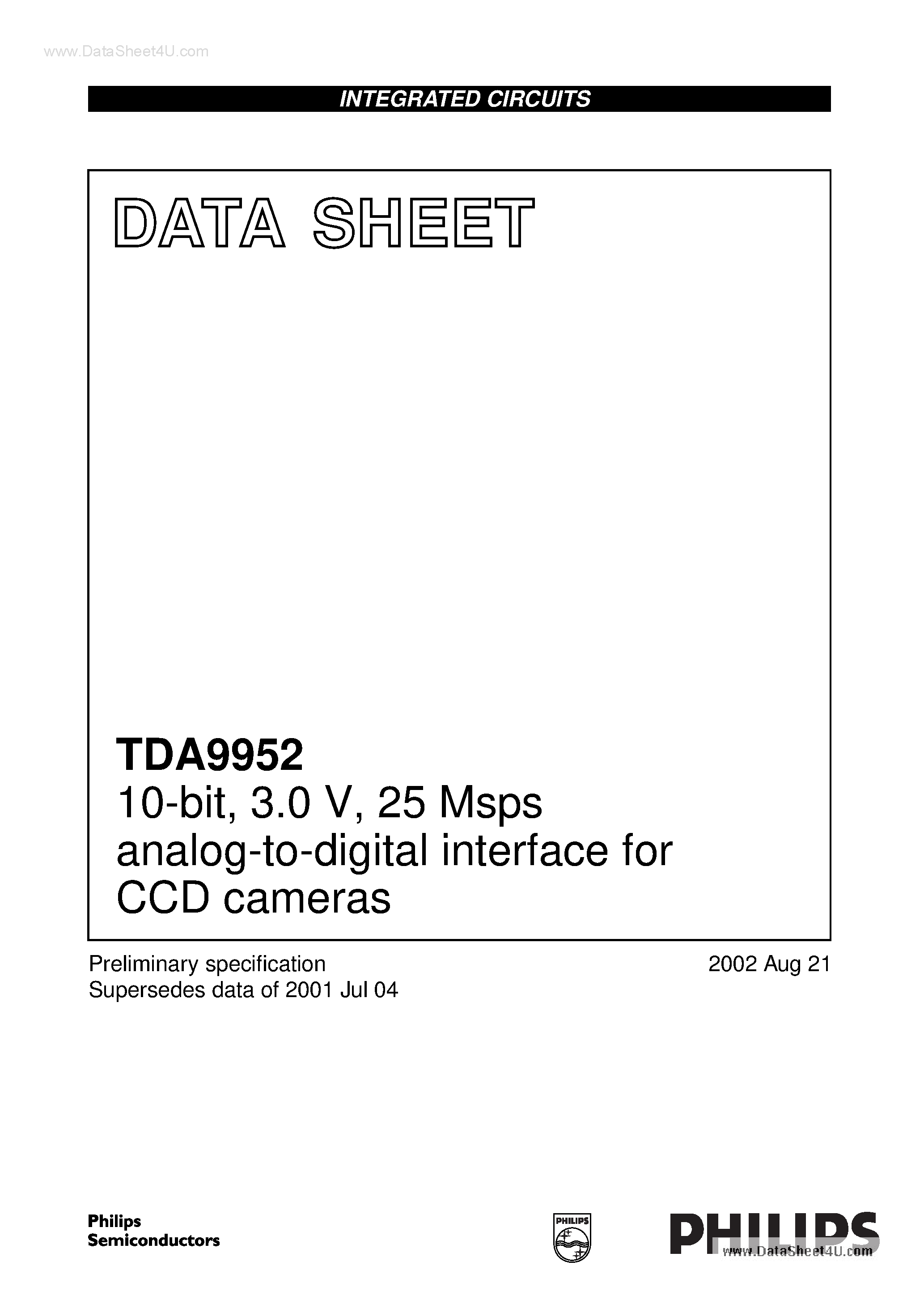 Даташит TDA9952 - 25 Msps analog-to-digital interface for CCD cameras страница 1