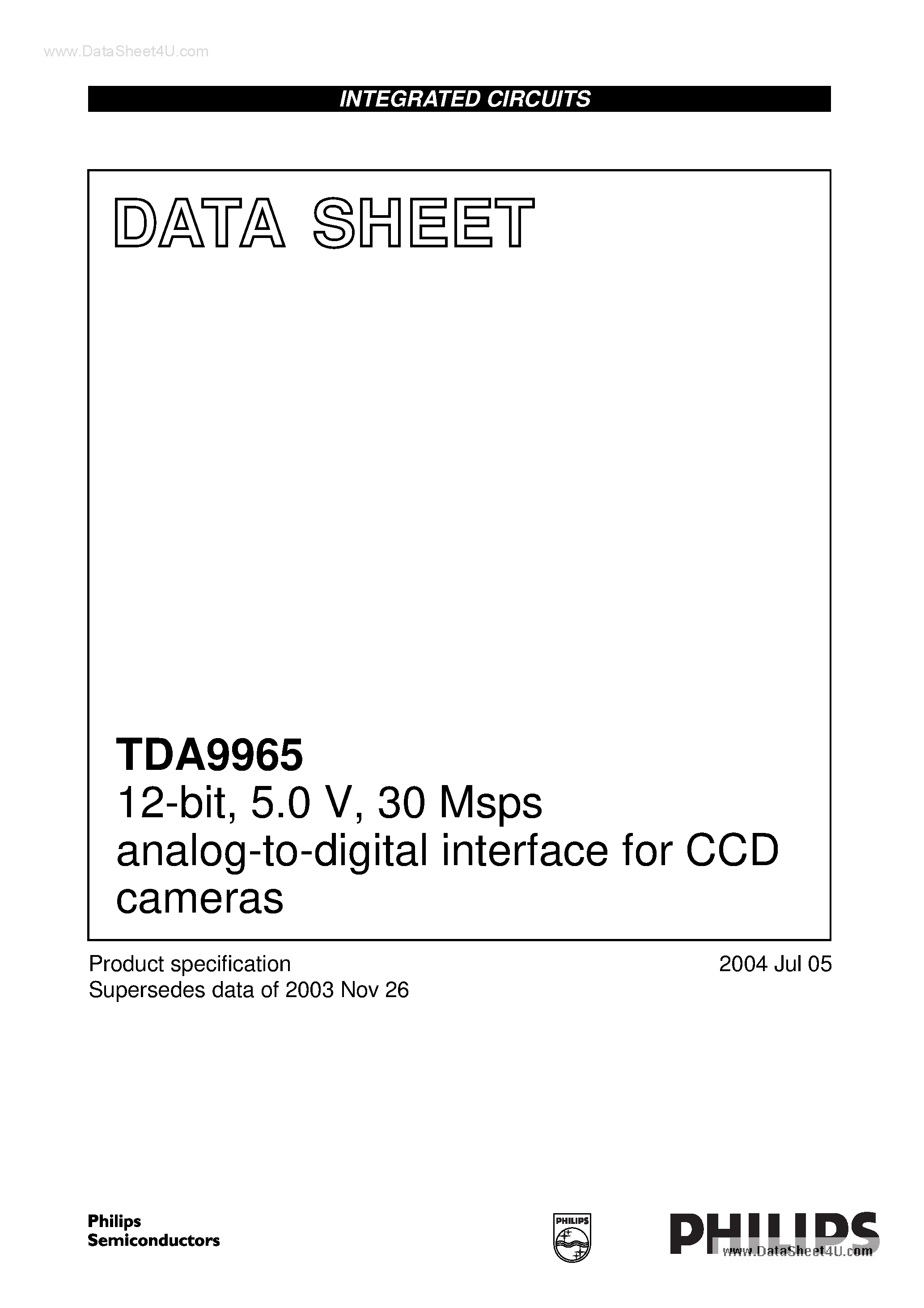 Даташит TDA9965 - 30 Msps analog-to-digital interface for CCD cameras страница 1