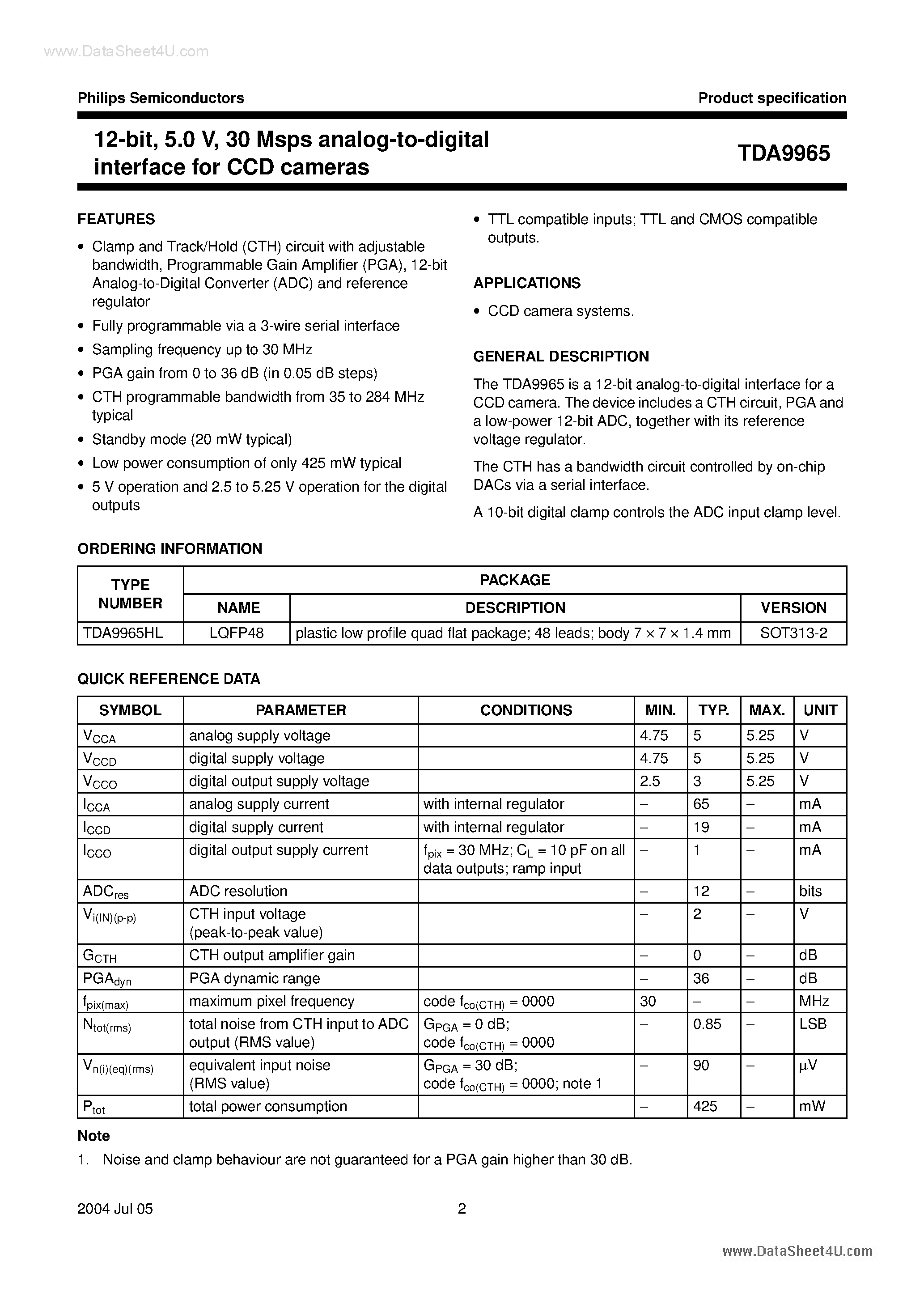 Даташит TDA9965 - 30 Msps analog-to-digital interface for CCD cameras страница 2