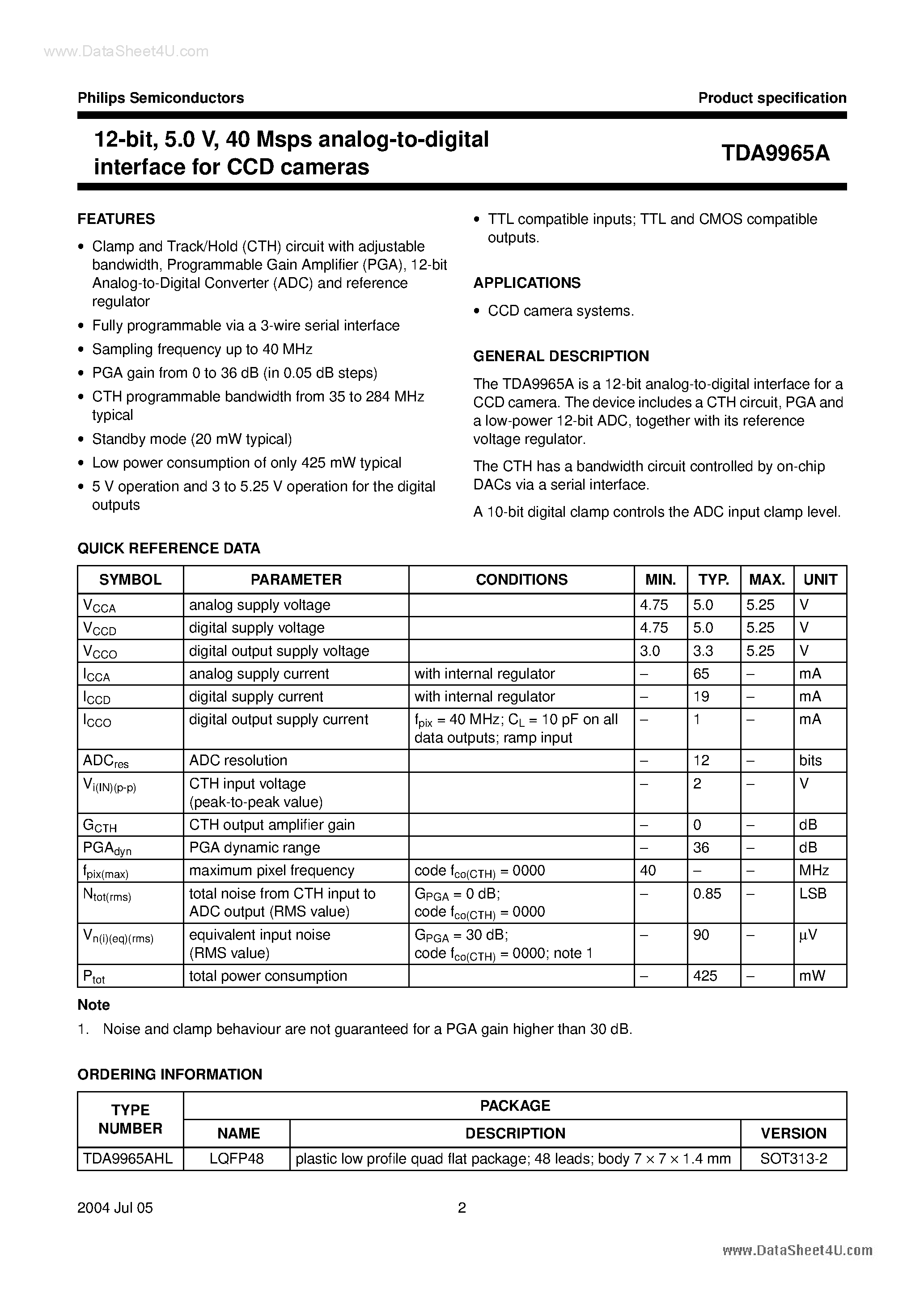 Даташит TDA9965A - 40 Msps analog-to-digital interface for CCD cameras страница 2