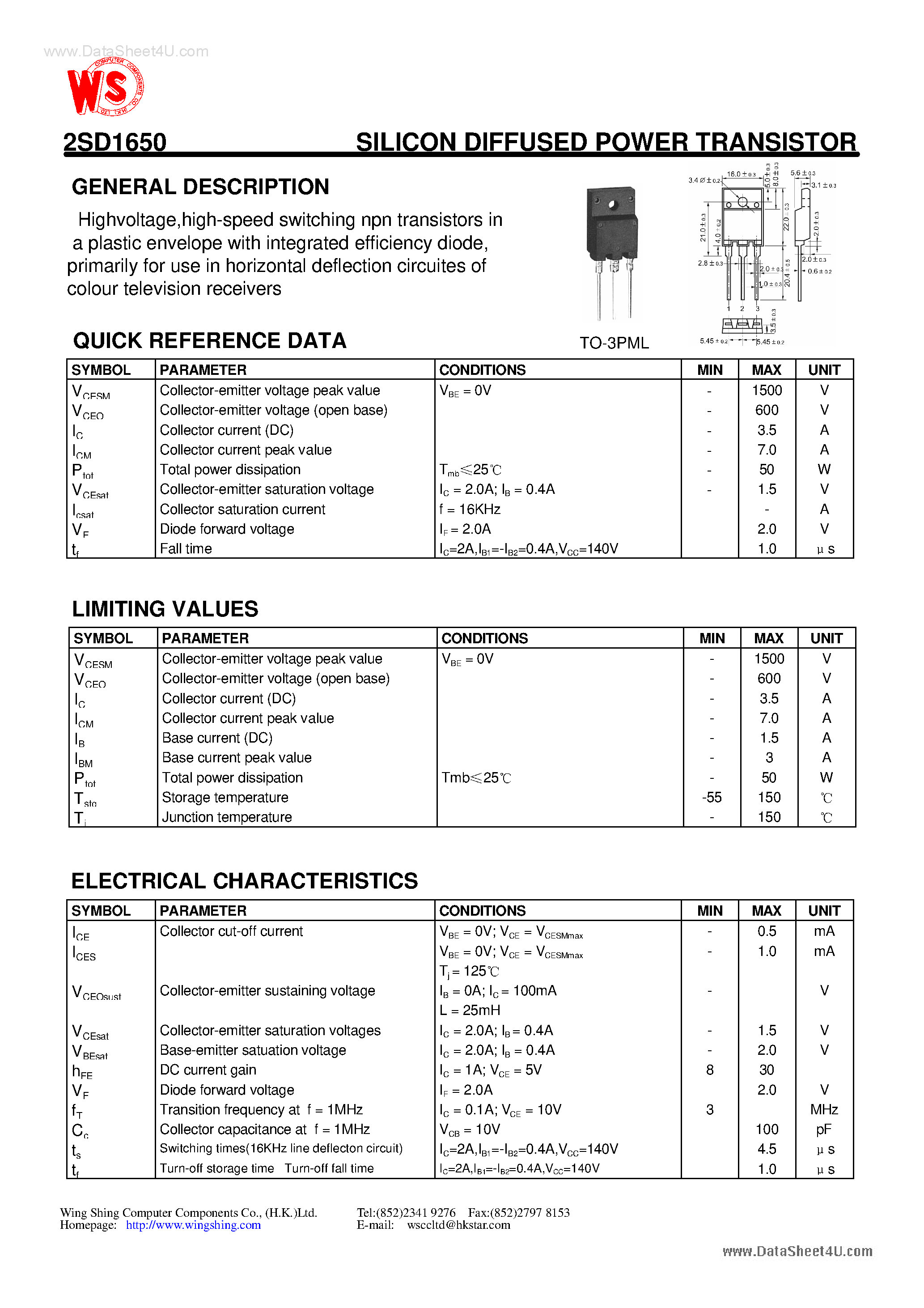 Datasheet D1650 - Search -----> 2SD1650 page 1