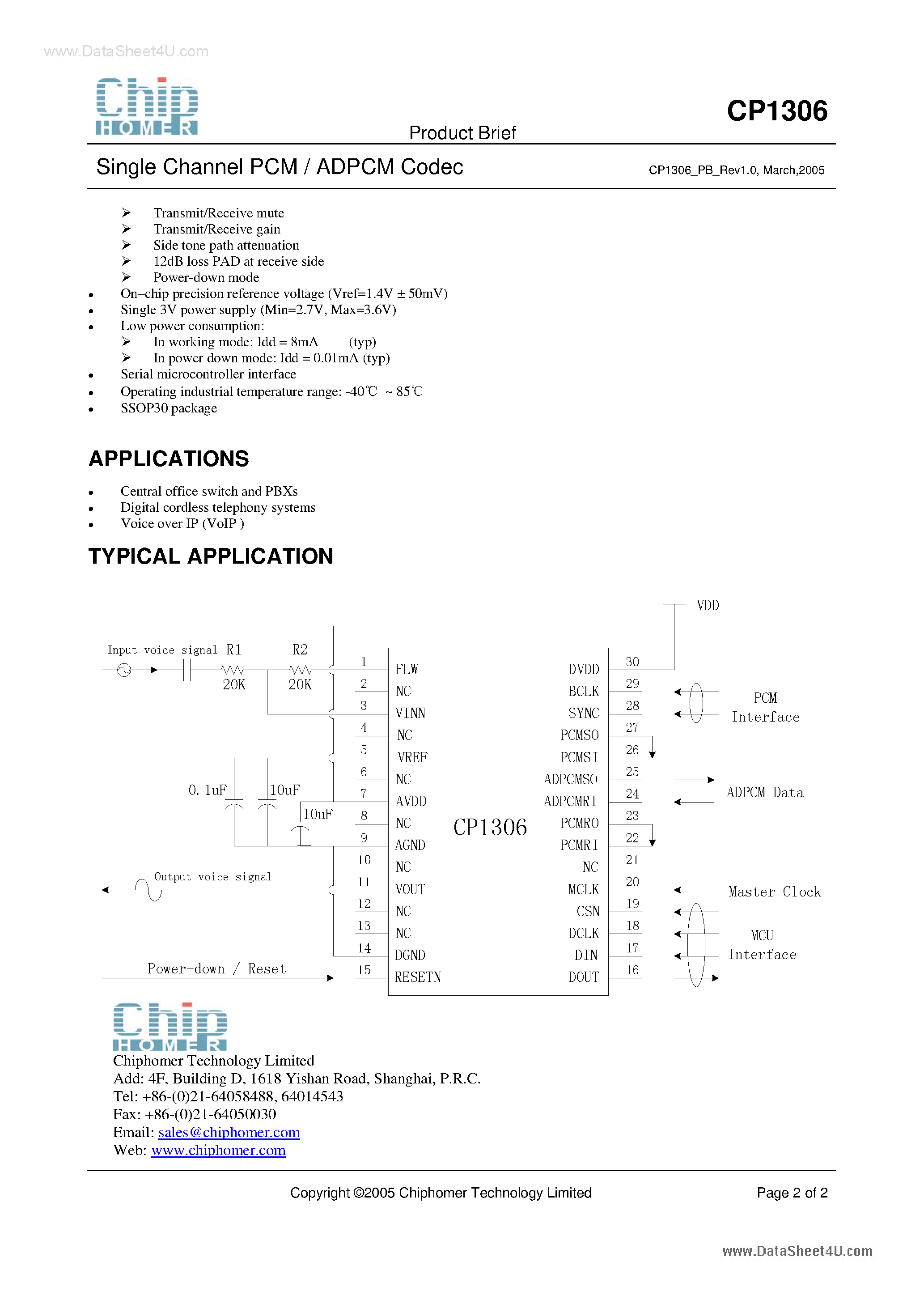 Datasheet CP1306 - 1 Channel PCM / ADPCM Codec page 2