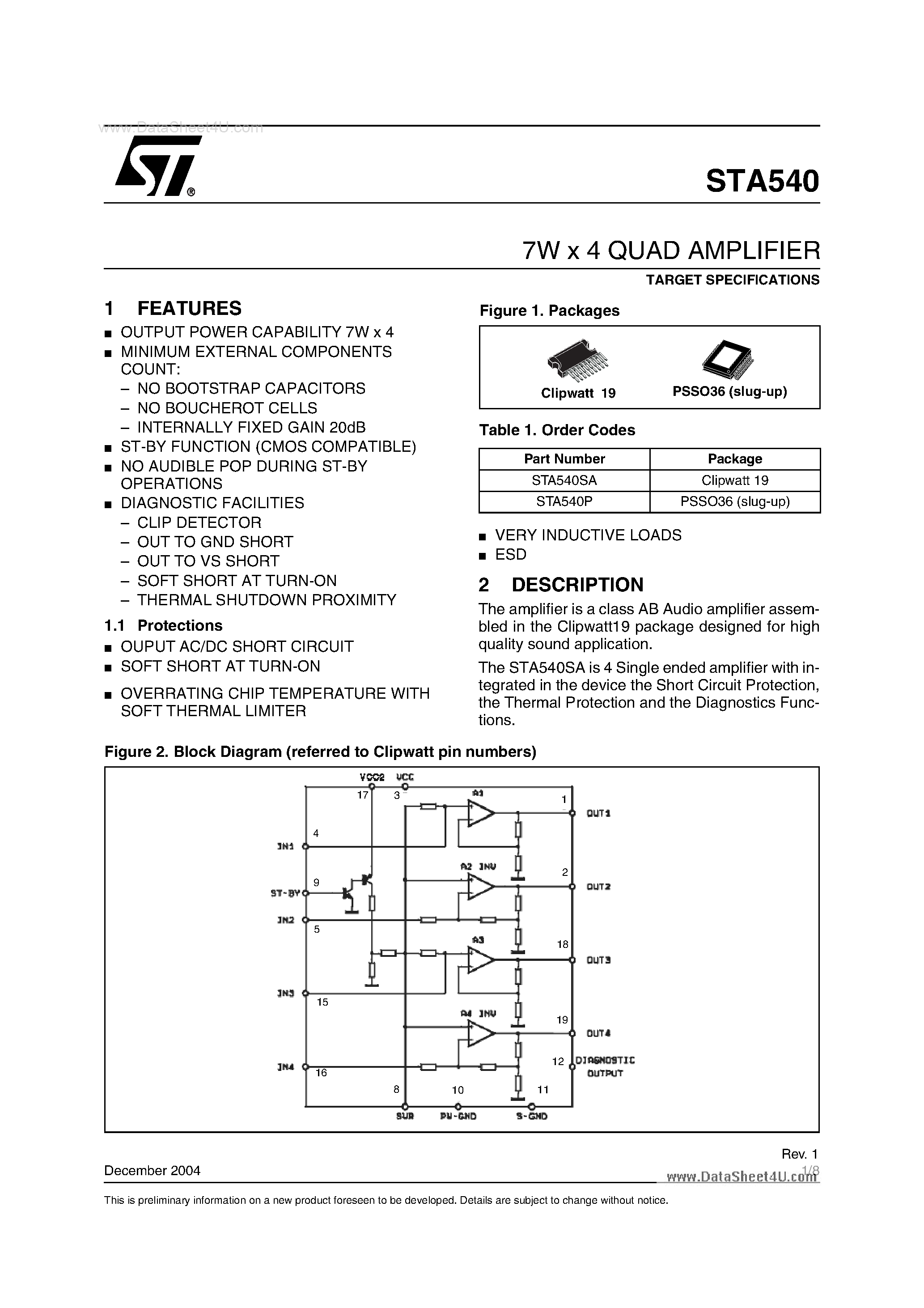 Даташит STA540 - 7W X 4 Quad Amplifier страница 1