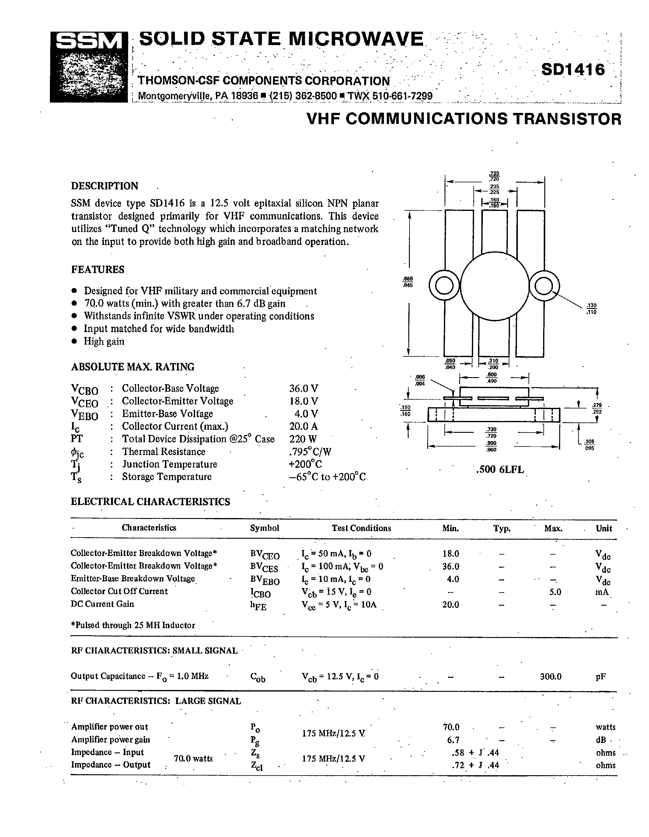 Datasheet SD1416 - VHF Communications Transistor page 1