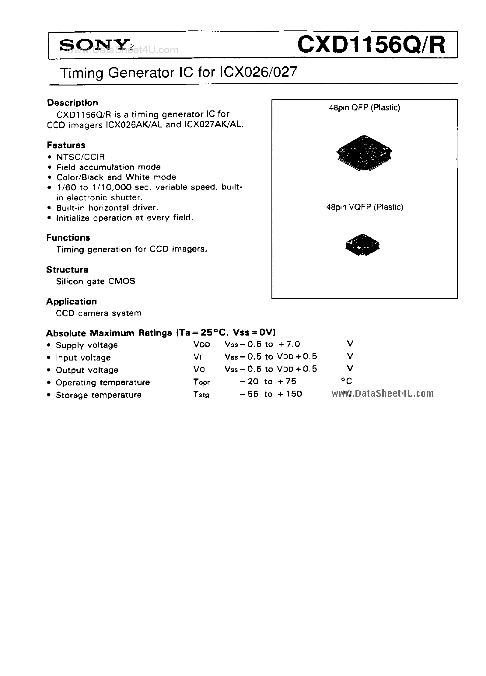 Даташит CXD1156Q - (CXD1156Q/R) Timing Generator IC страница 1