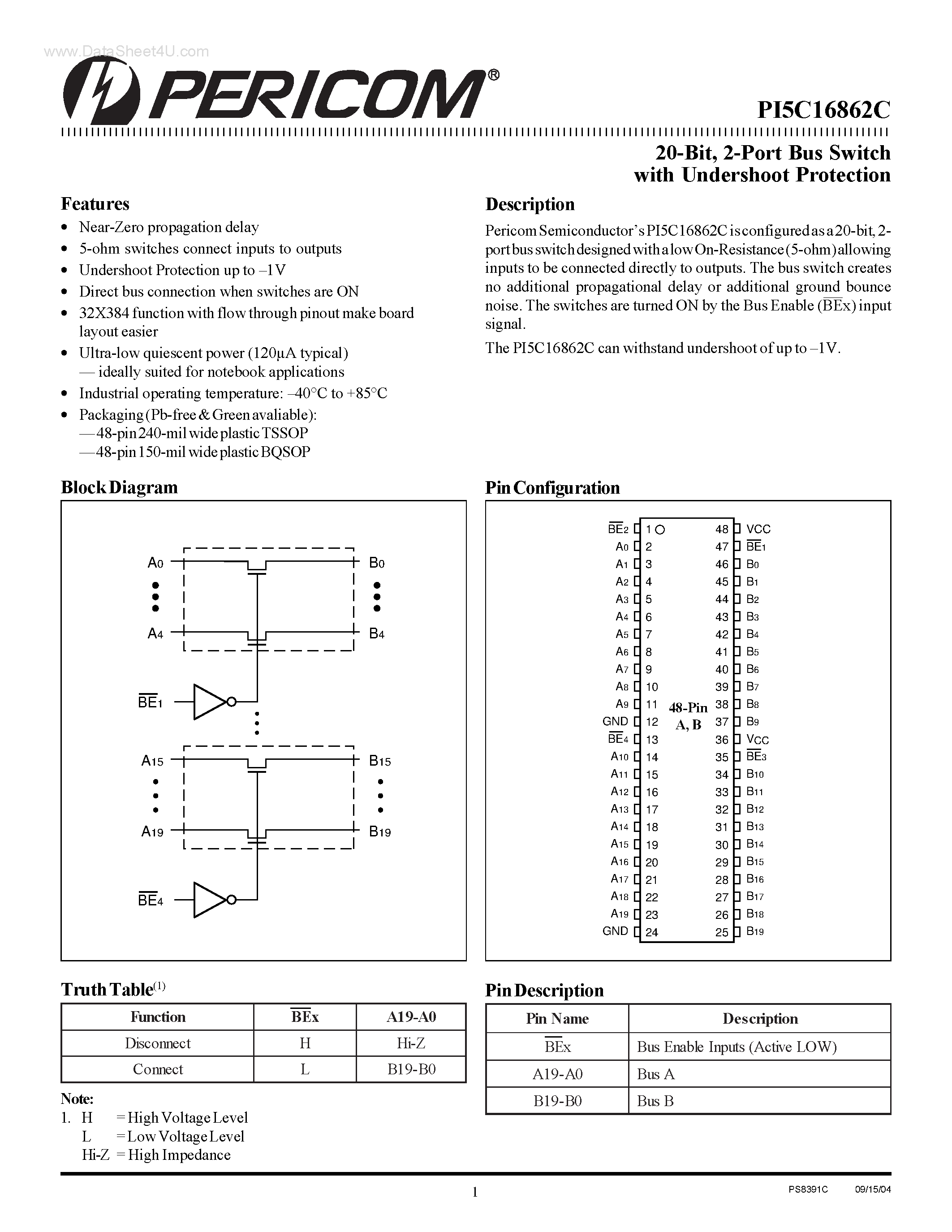 Даташит PI5C16862C - 2-Port Bus Switch страница 1