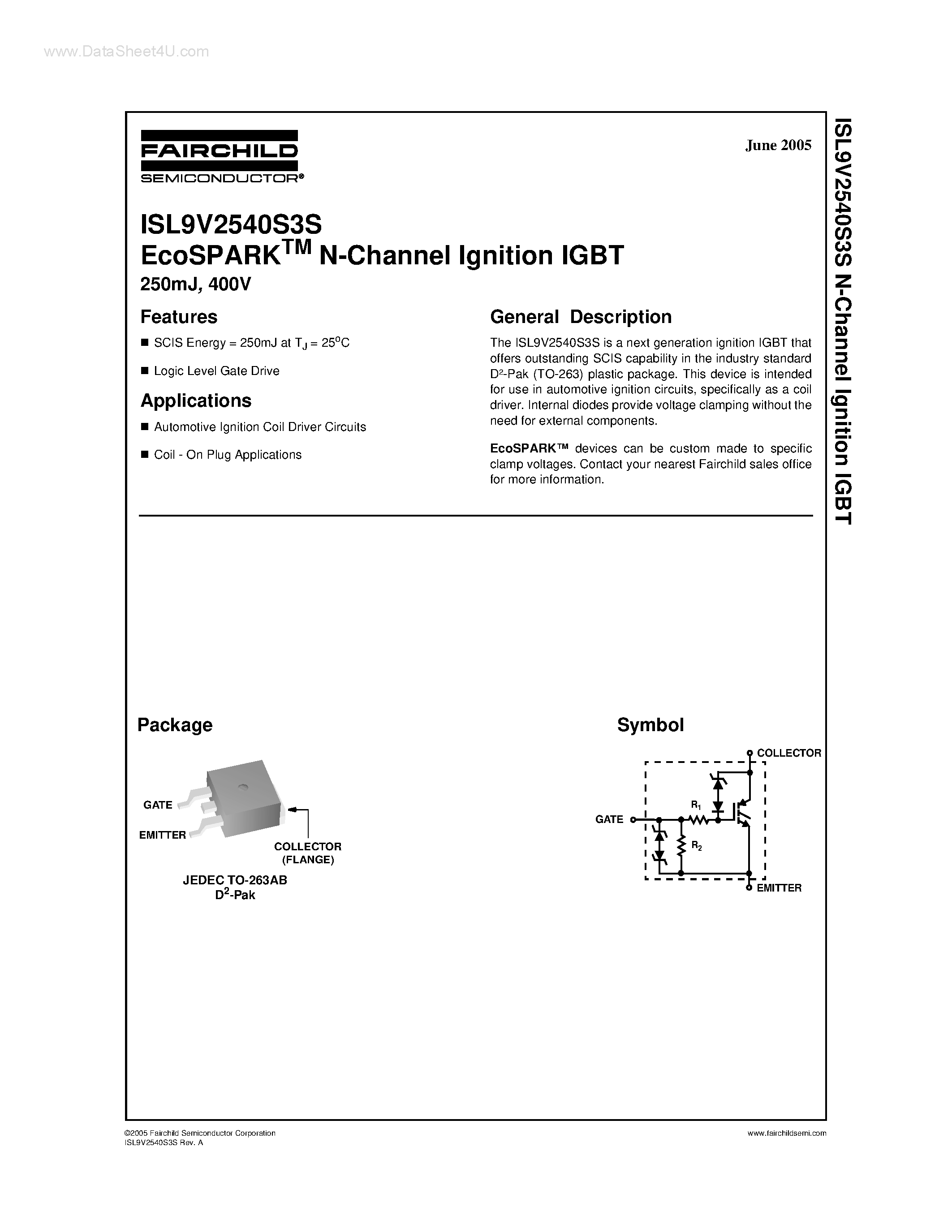 Datasheet ISL9V2540S3S - EcoSPARK N-Channel Ignition IGBT page 1