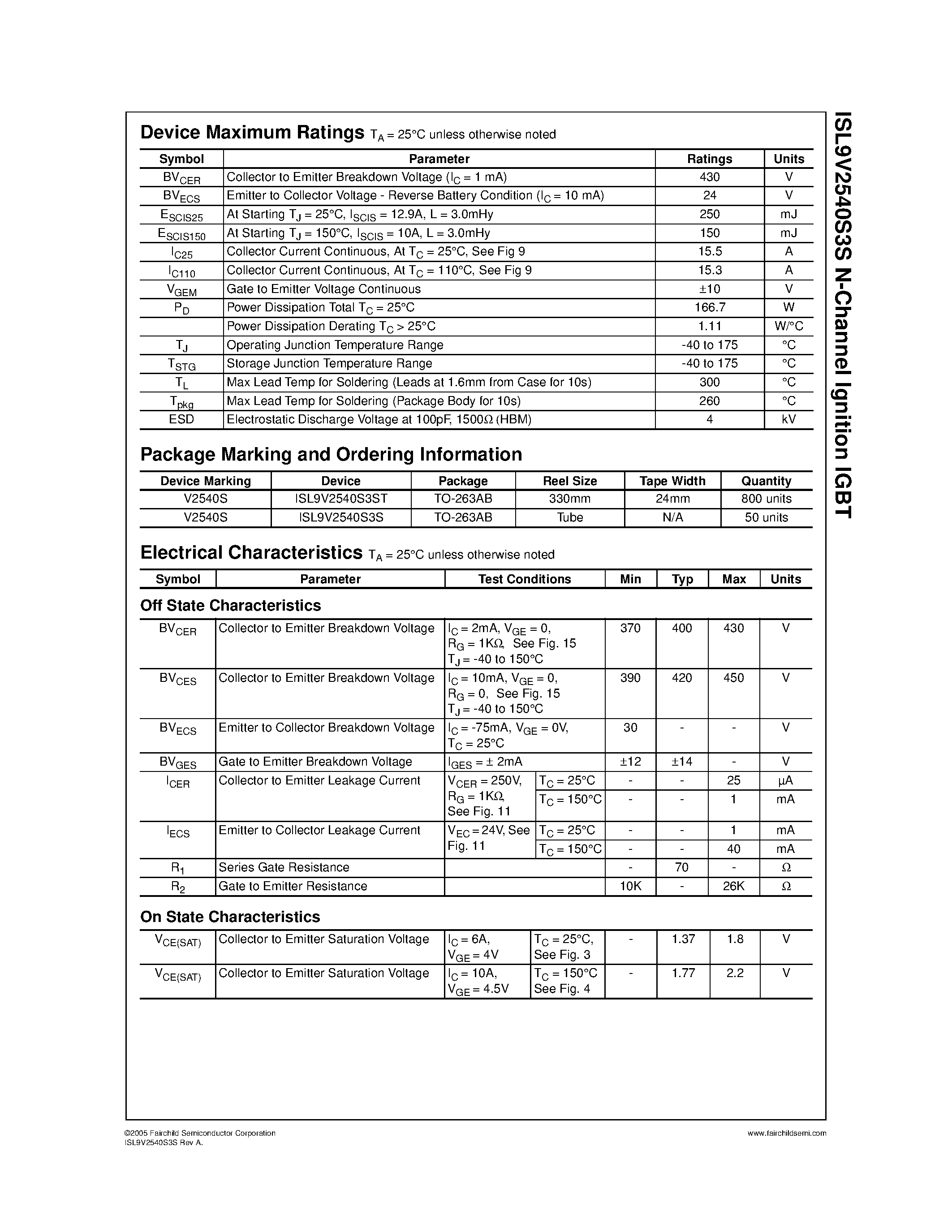 Datasheet ISL9V2540S3S - EcoSPARK N-Channel Ignition IGBT page 2