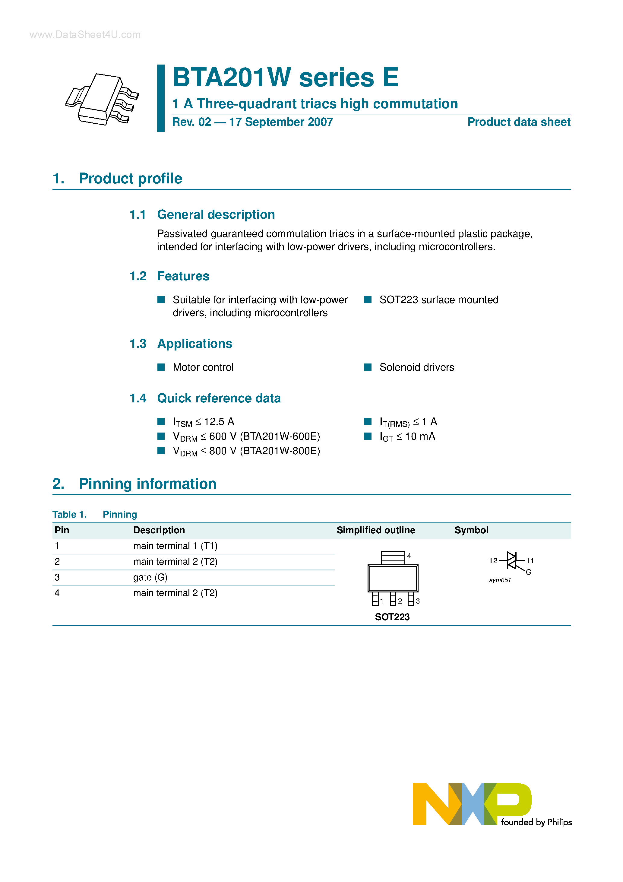 Datasheet BTA201W - 1 A Three-quadrant triacs high commutation page 1