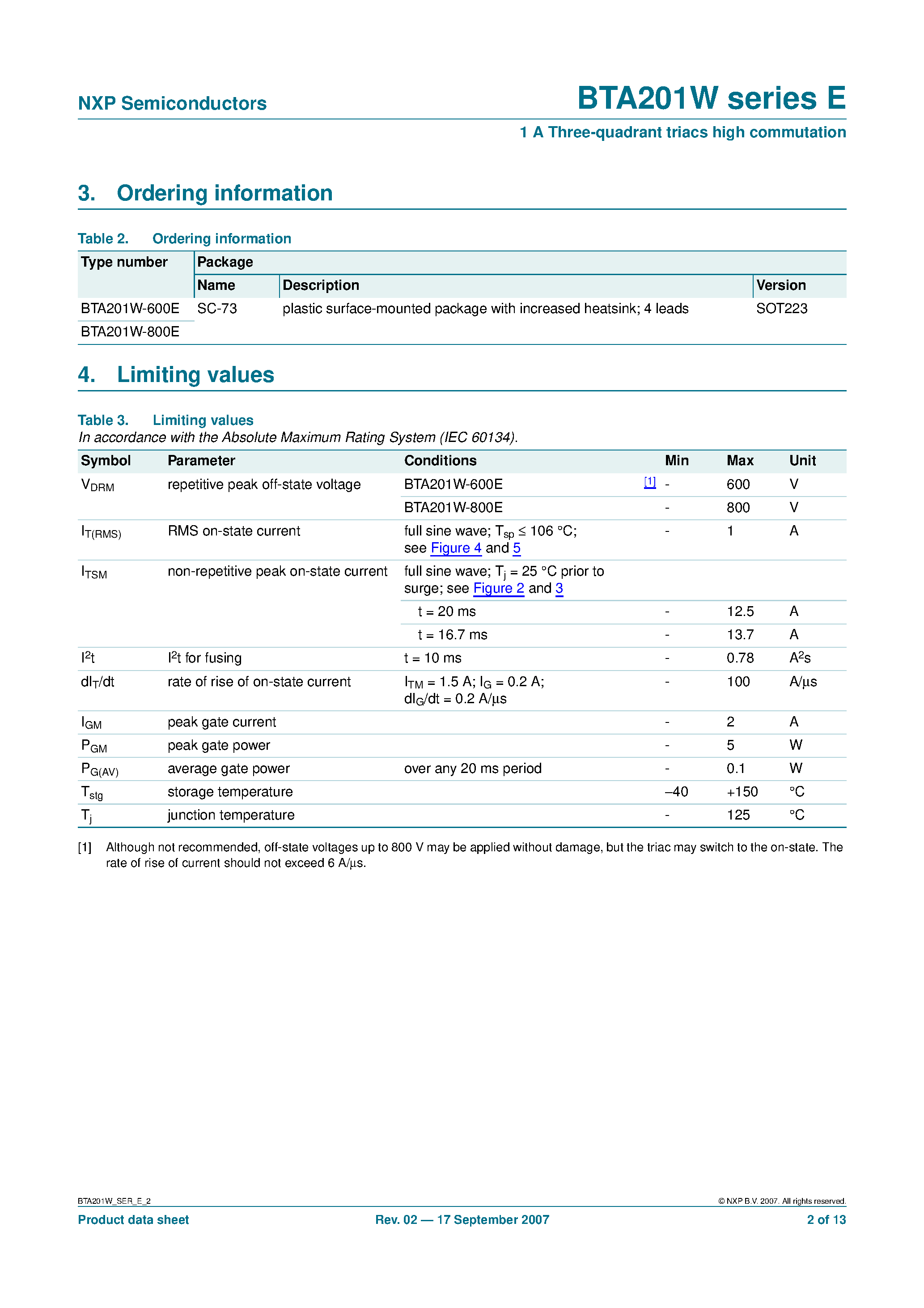 Datasheet BTA201W - 1 A Three-quadrant triacs high commutation page 2