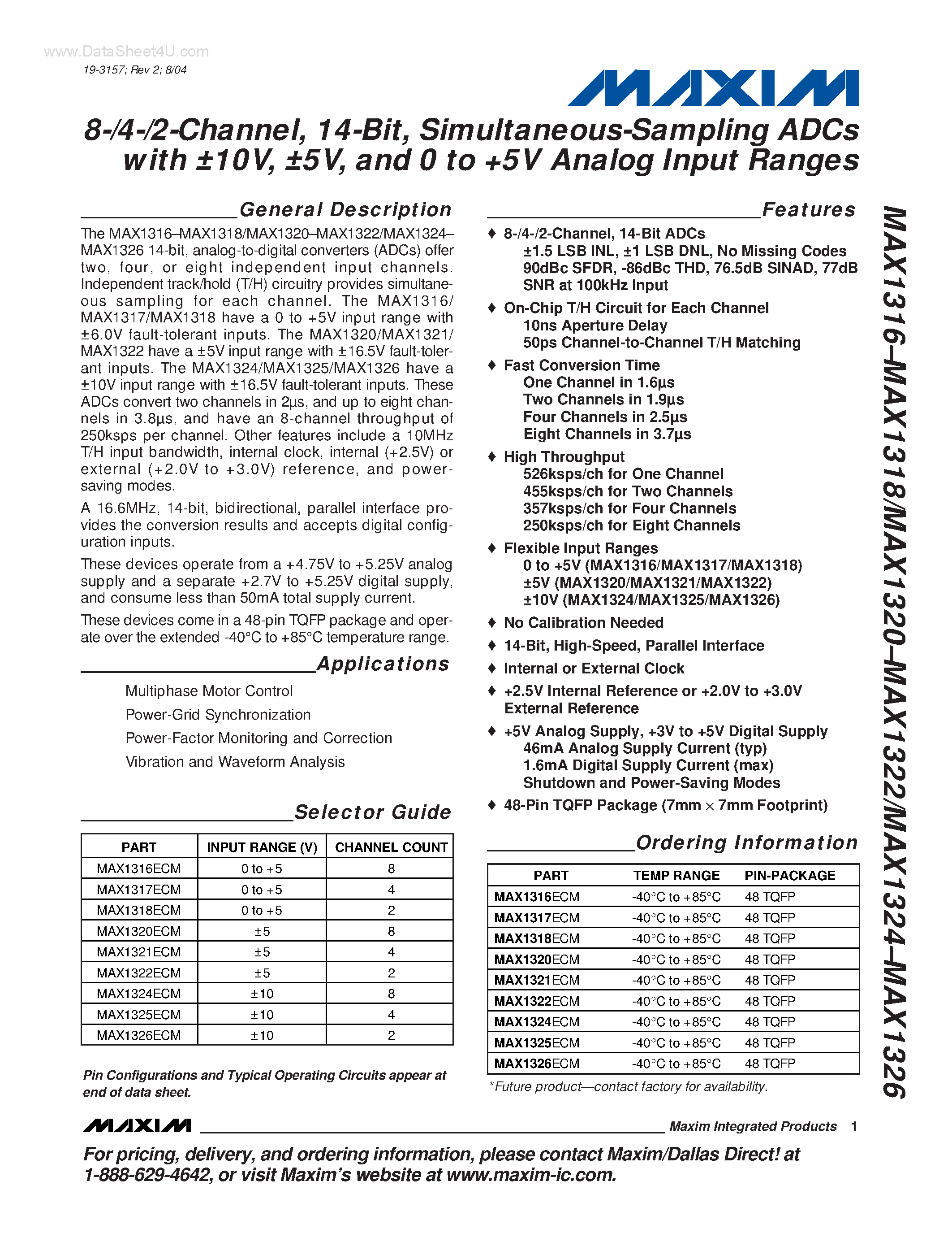 Даташит MAX1316 - (MAX13xx) Simultaneous-Sampling ADCs страница 1