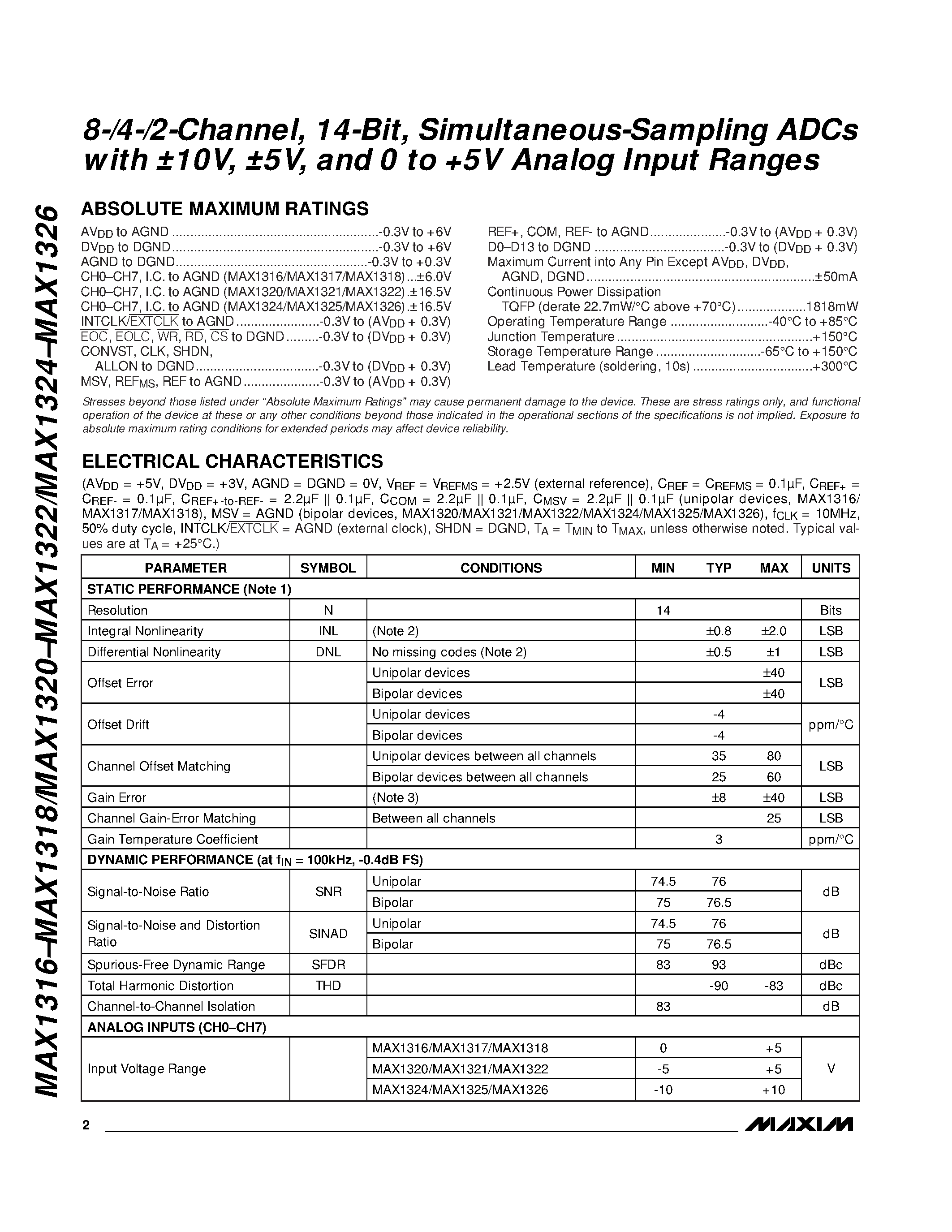 Даташит MAX1316 - (MAX13xx) Simultaneous-Sampling ADCs страница 2