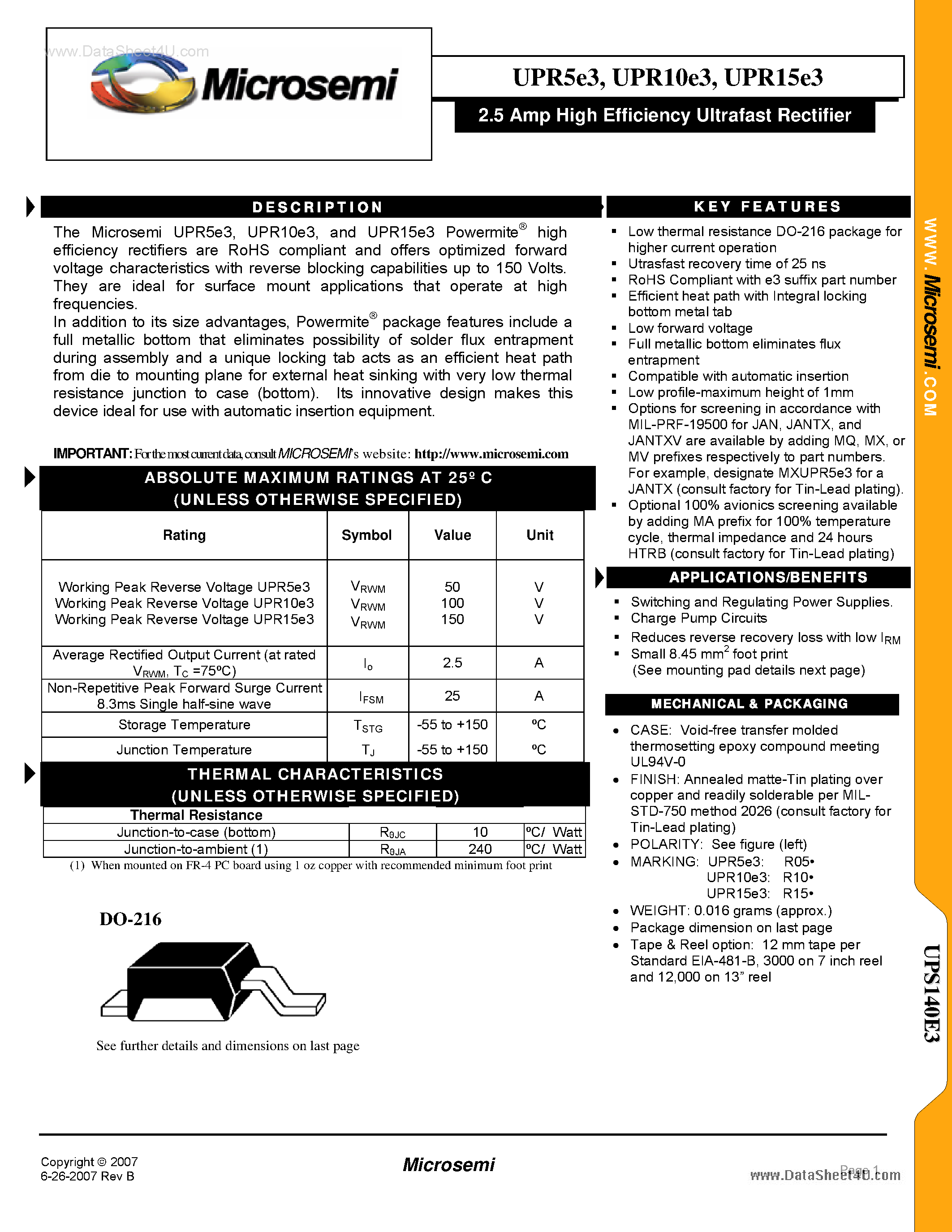 Даташит UPR10E3 - (UPR5E3 - UPR15E3) 2.5A High Efficiency Ultrafast Recifier страница 1