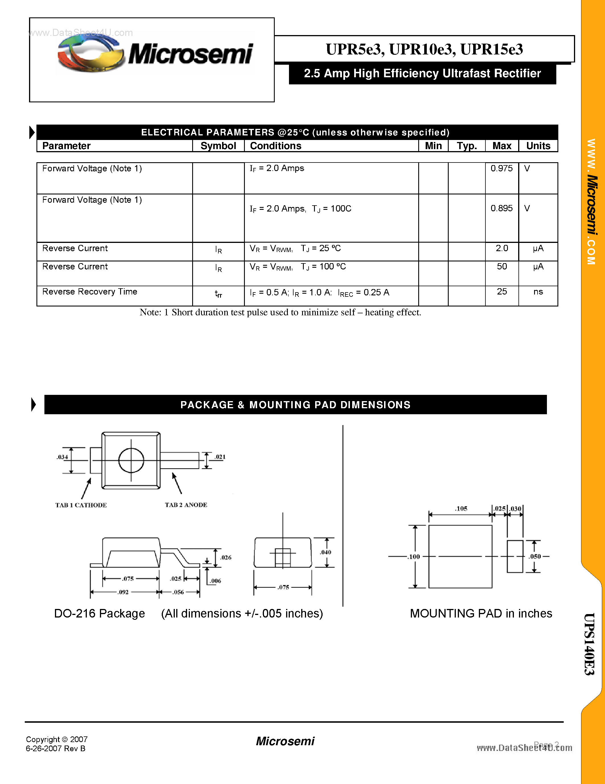 Даташит UPR10E3 - (UPR5E3 - UPR15E3) 2.5A High Efficiency Ultrafast Recifier страница 2