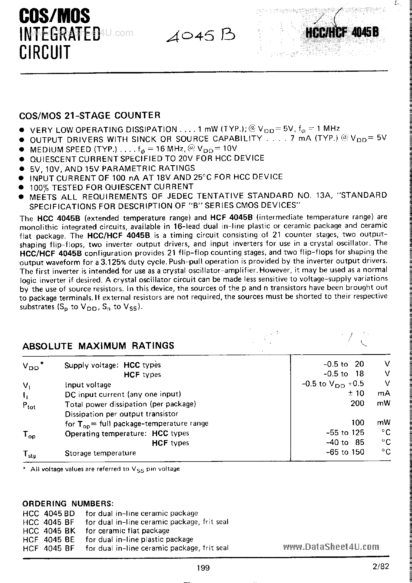 Даташит HCF4045B - COS/MOS 21-State Counter страница 1