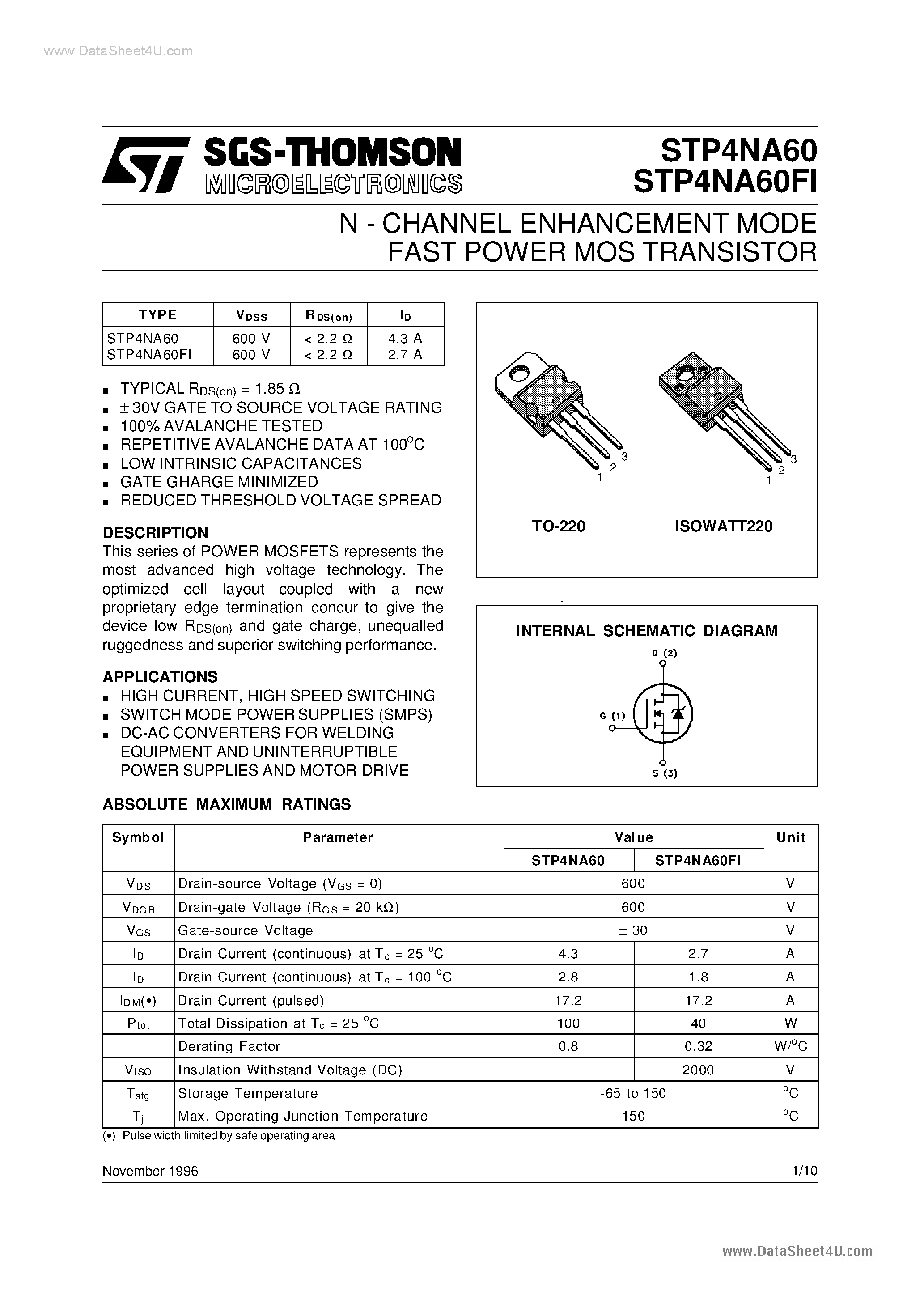 Даташит P4NA60FI - Search -----> STP4NA60FI страница 1