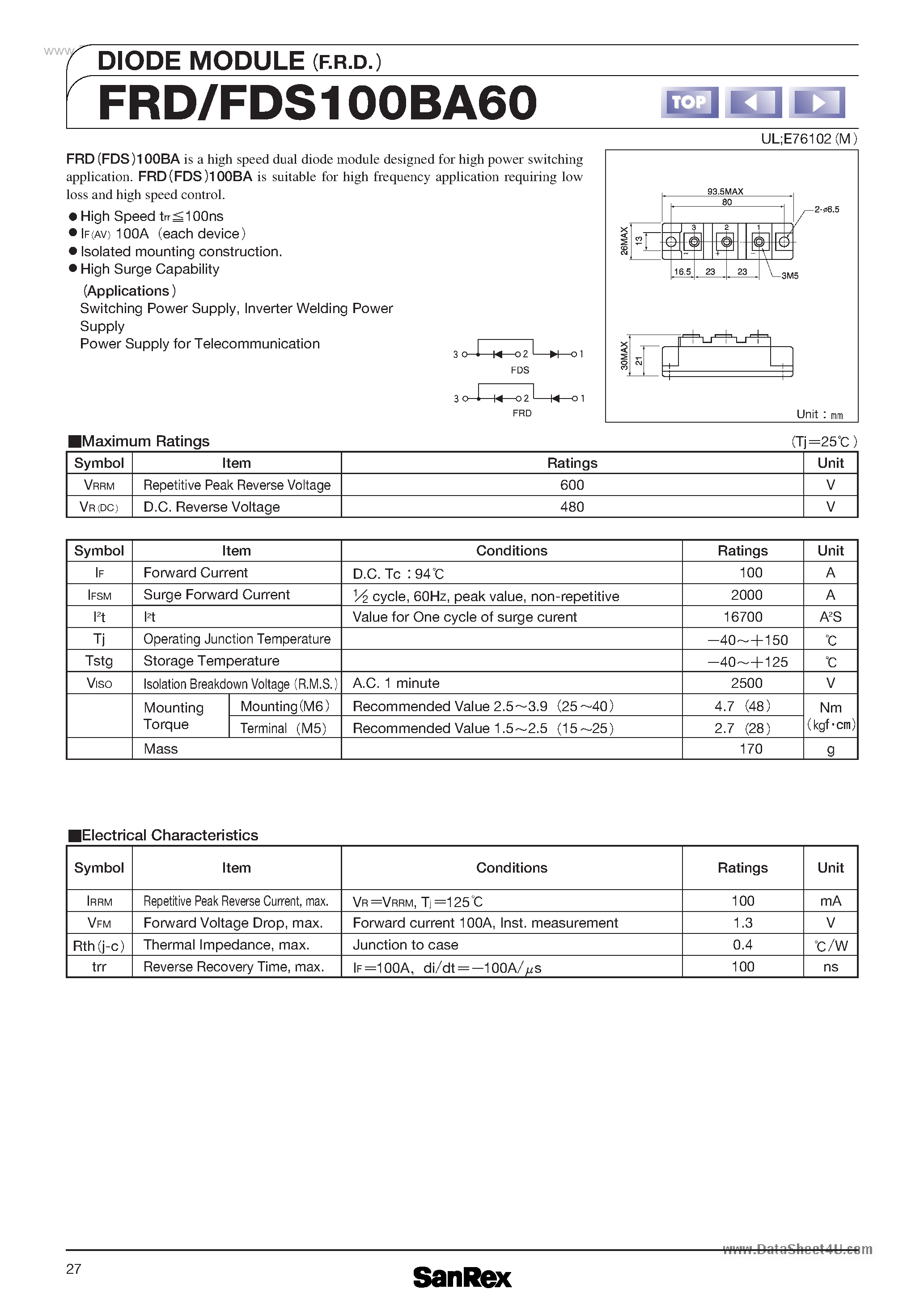 Datasheet FDS100BA60 - DIODE MODULE page 1