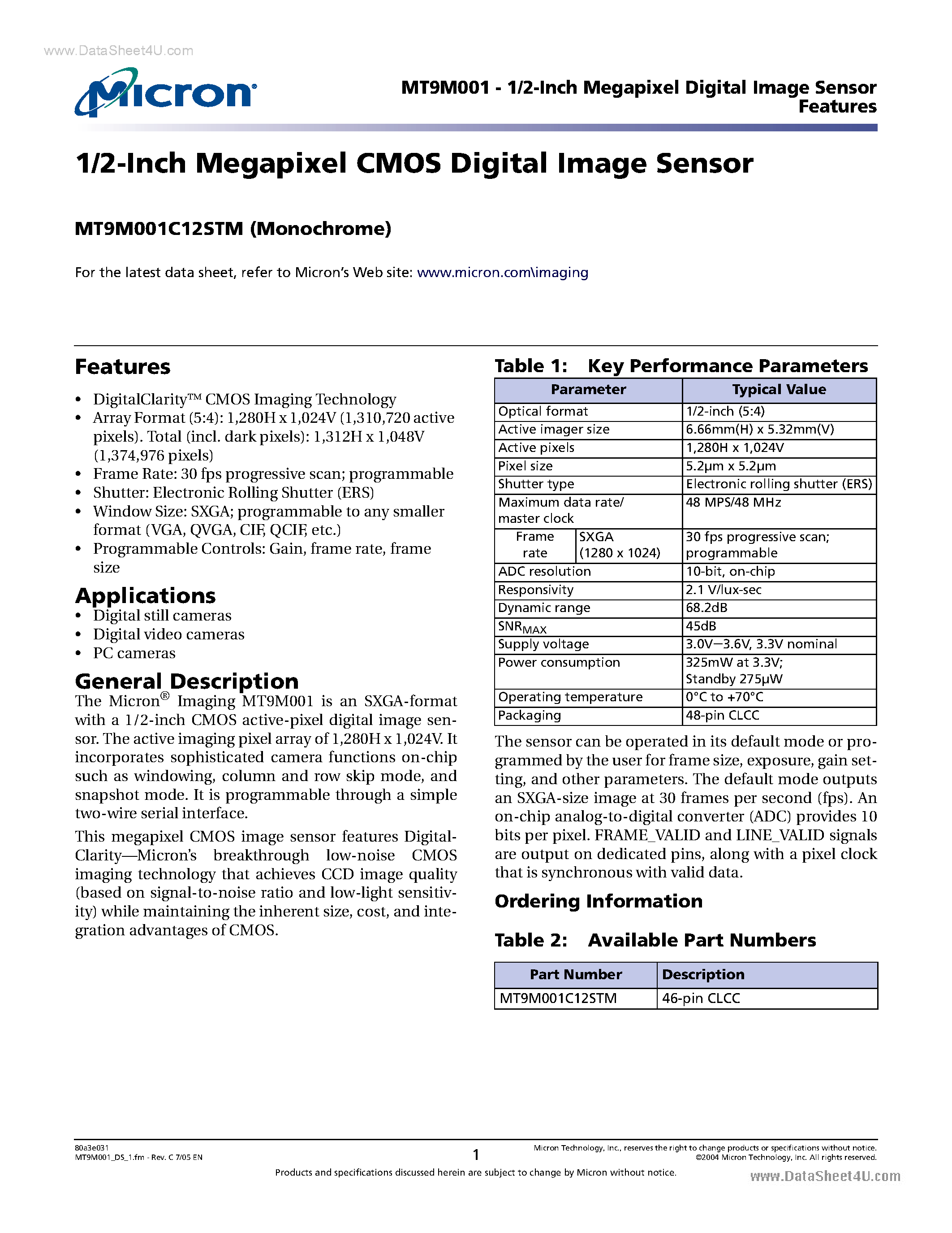 Даташит MT9M001 - 1/2-Inch Megapixel CMOS Digital Image Sensor страница 1