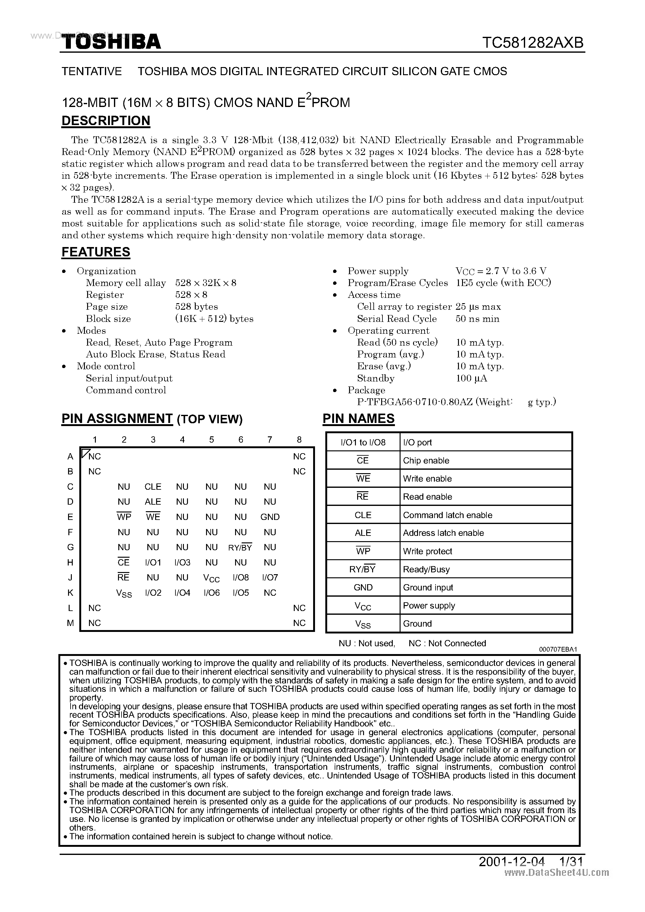 Datasheet TC581282AXB - 128-MBIT (16M X 8 BITS) CMOS NAND E2PROM page 1