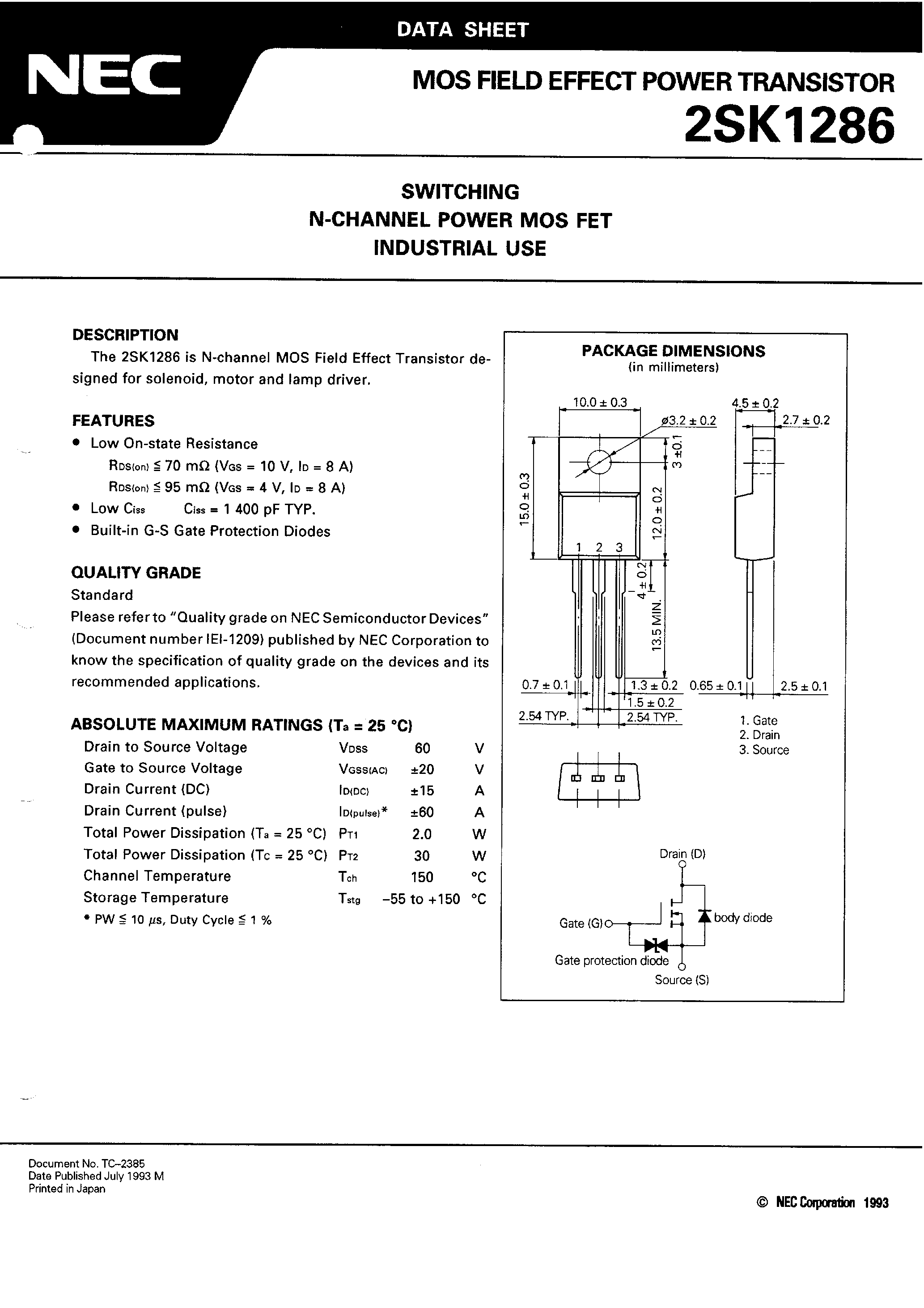 Datasheet 2SK1286 - MOS FIELD EFFECT POWER TRANSISTOR page 2