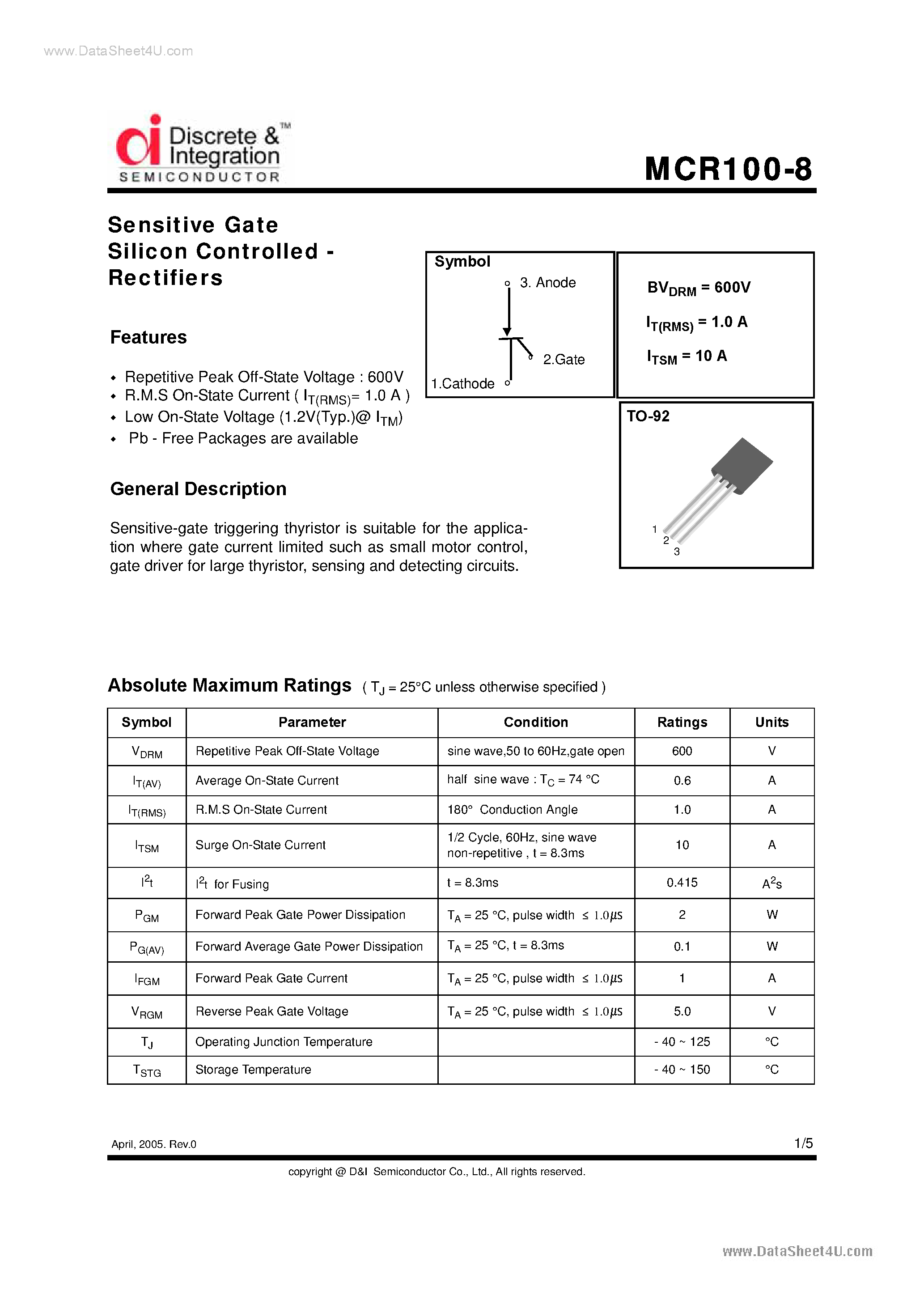 Даташит MCR100-8 - Standard Gate SCR страница 1