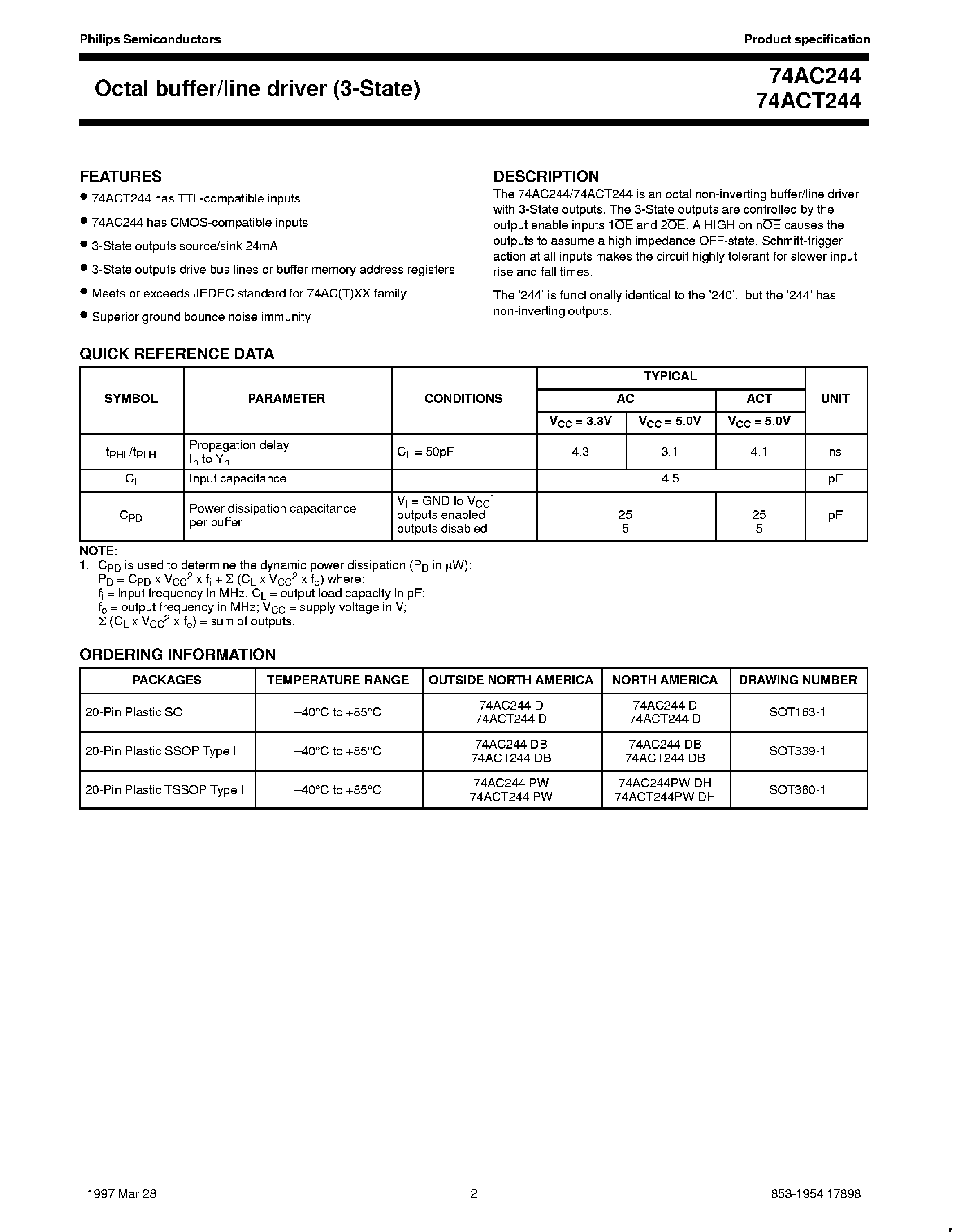 Даташит 74AC244 - Octal Buffer / Line Dricer страница 1