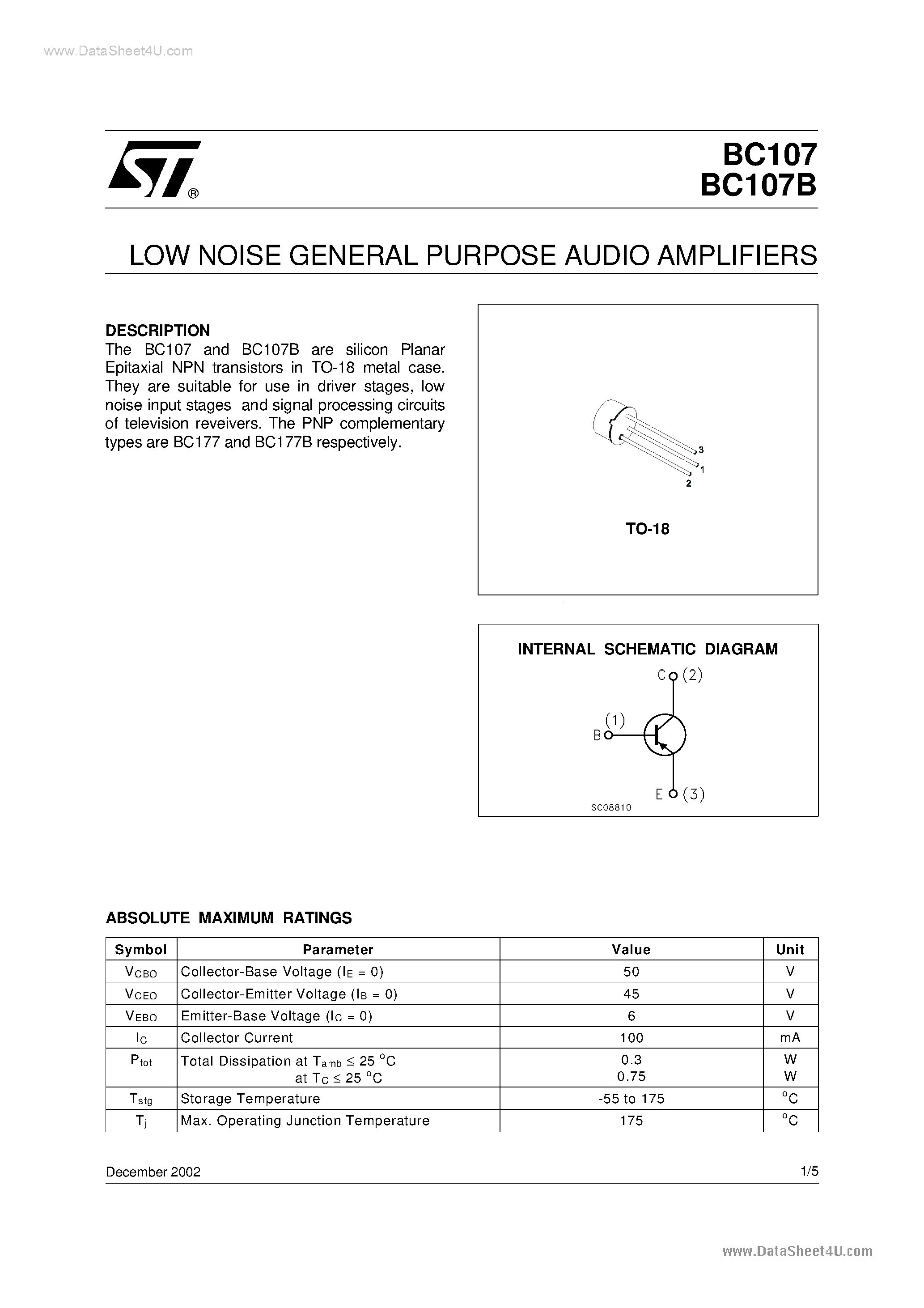 Datasheet BC107B - LOW NOISE GENERAL PURPOSE AUDIO AMPLIFIERS page 1