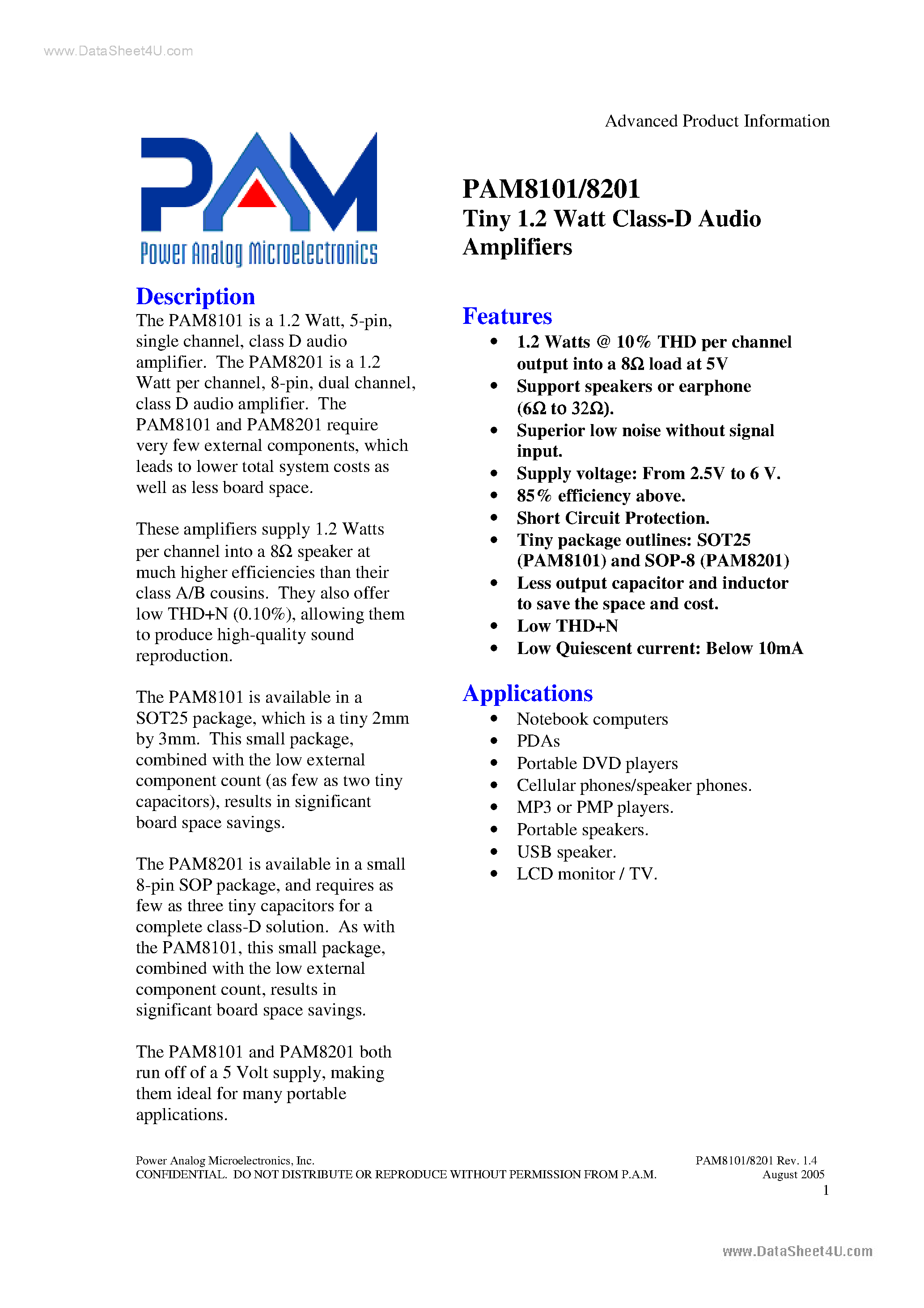 Даташит PAM8101 - (PAM8101 / PAM8201) Tiny 1.2 Watt Class-D Audio Amplifiers страница 1