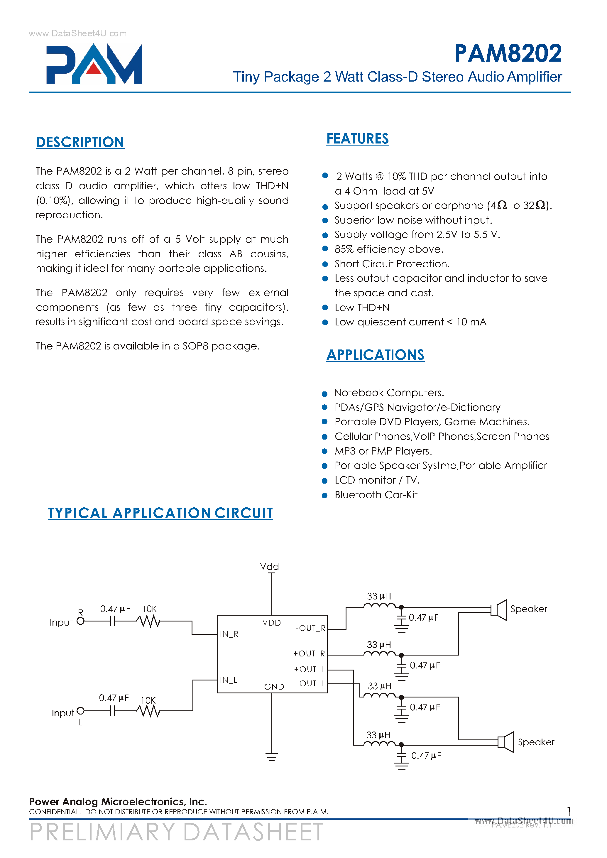 Даташит PAM8202 - Tiny Package 2 Watt Class-D Stereo Audio Amplifier страница 1